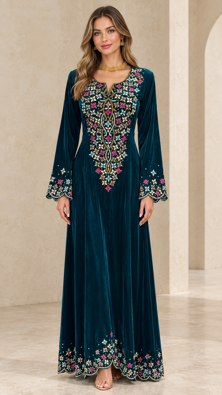 Front full-length view of woman wearing teal embroidered velvet maxi dress