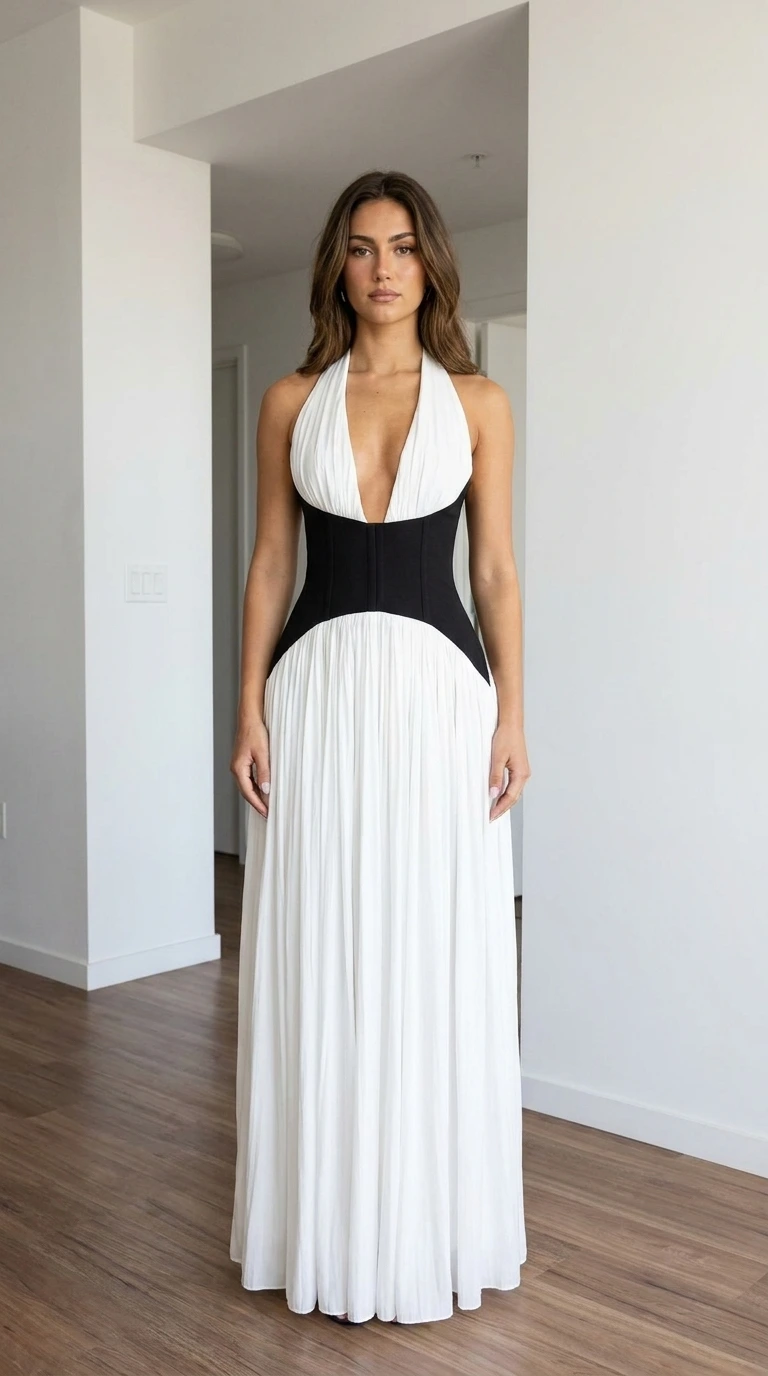 Front view of white halter pleated maxi dress