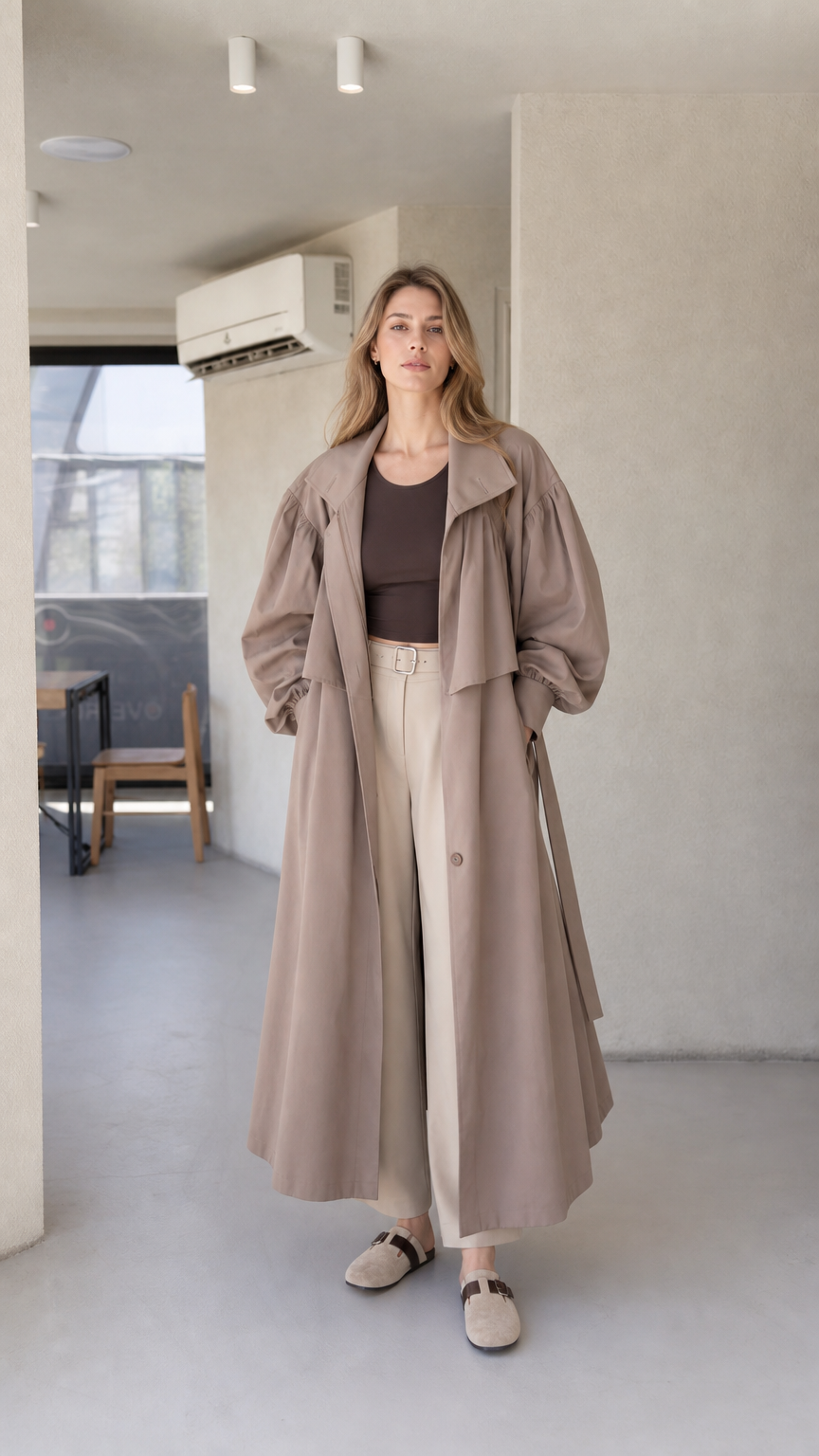Front view of model wearing a taupe brown oversized maxi trench coat with balloon sleeves and tie belt