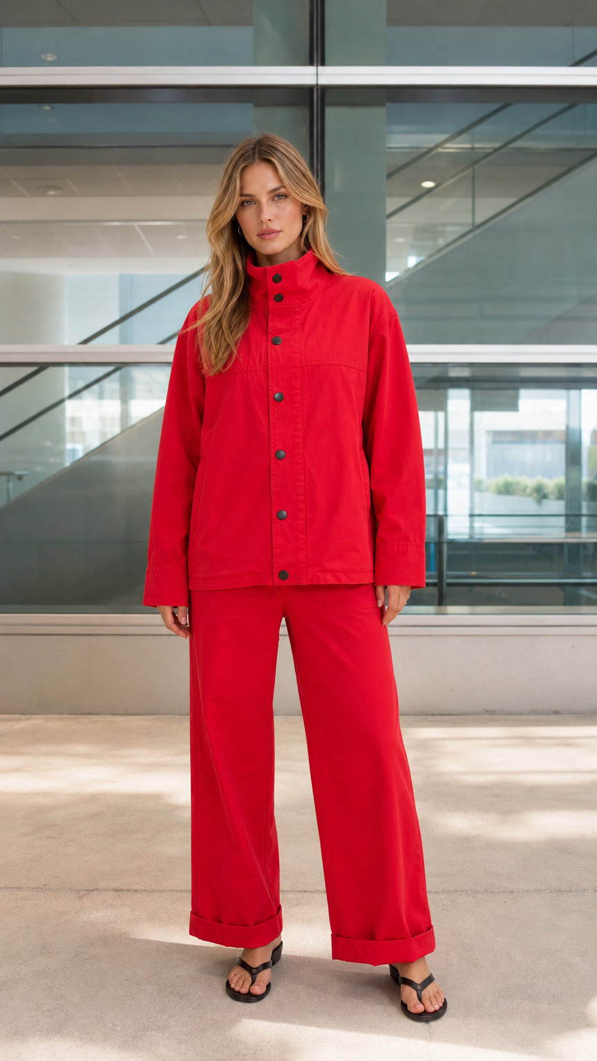 Front view of woman wearing red two-piece utility jacket and wide-leg pants set