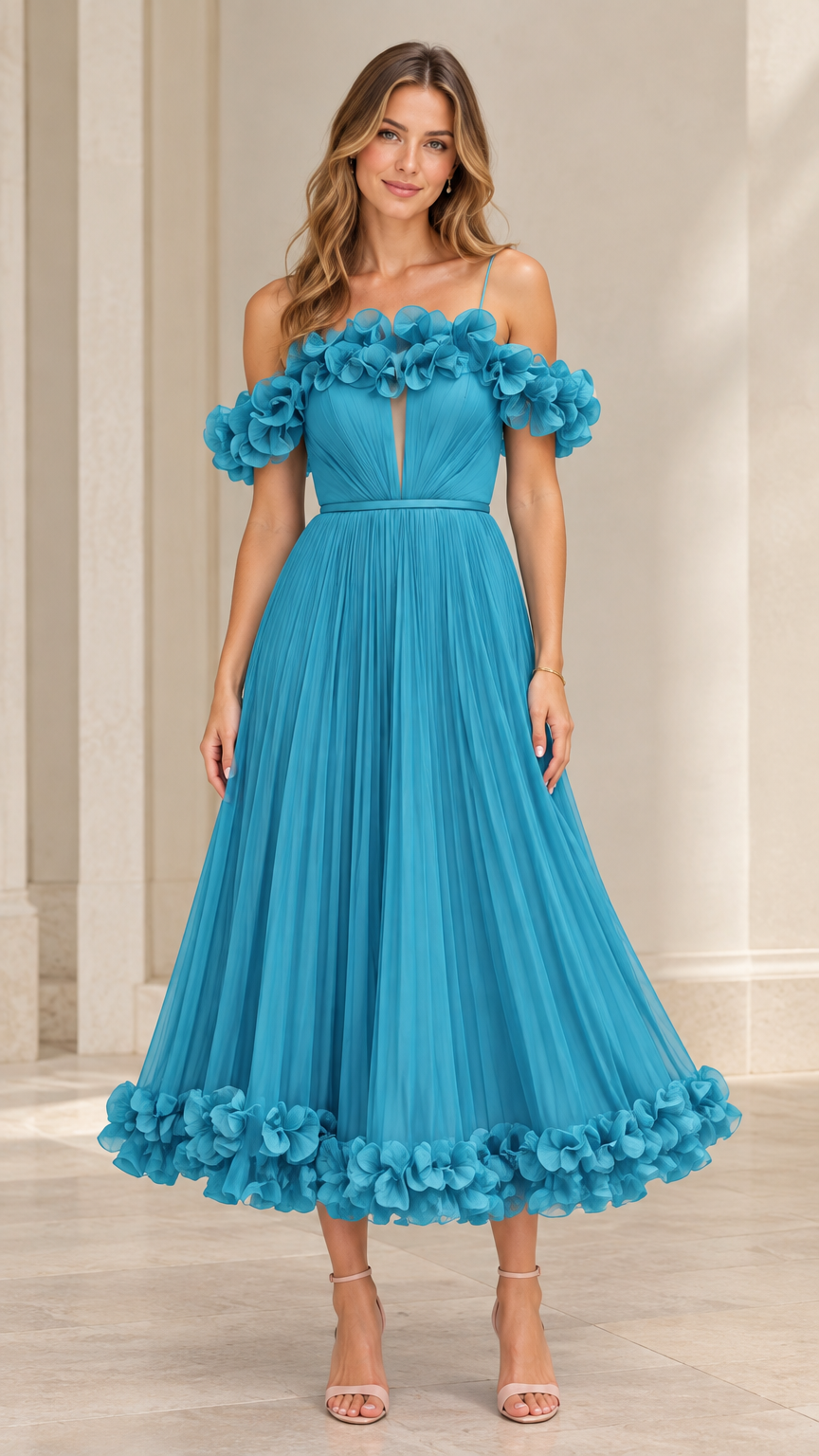 Front view of teal blue 3D floral applique pleated tulle midi dress with spaghetti straps