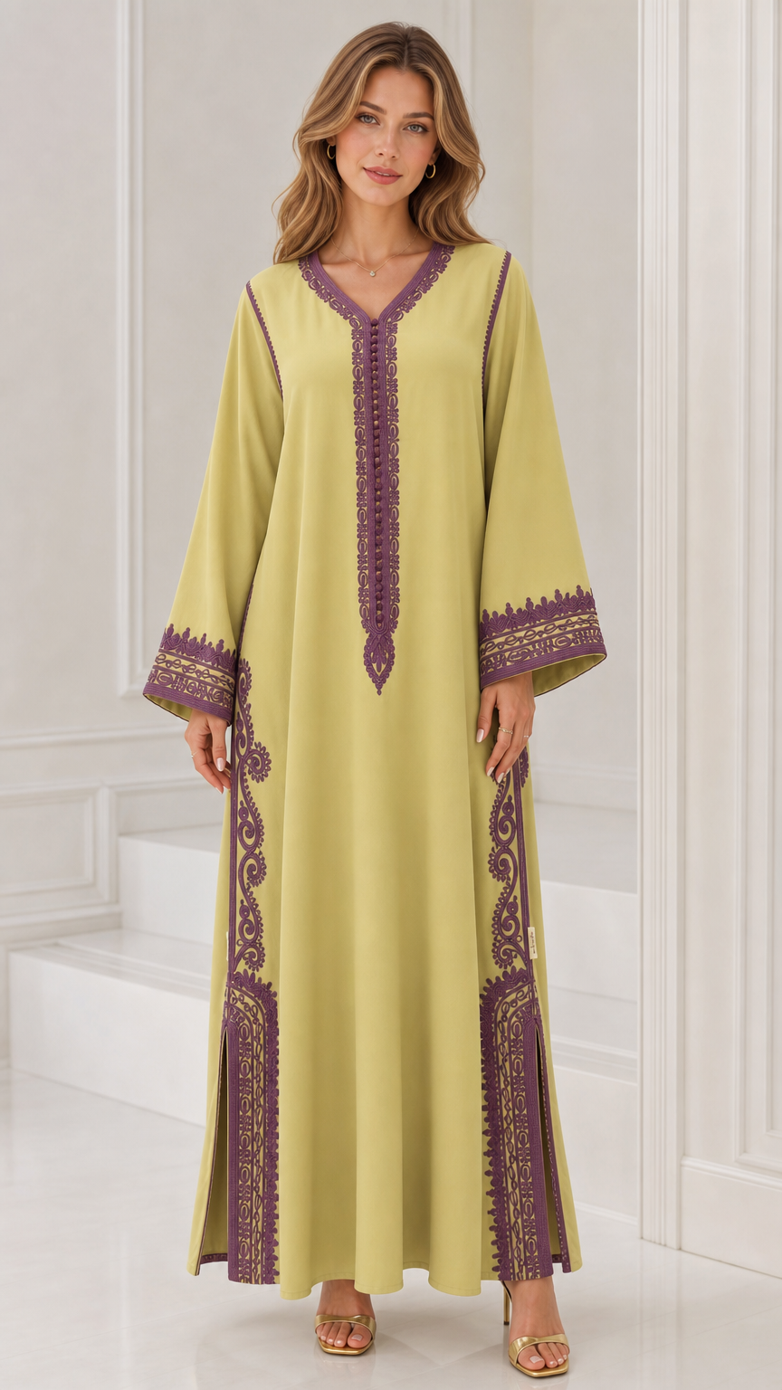 Front full view of woman wearing lime green embroidered kaftan maxi dress