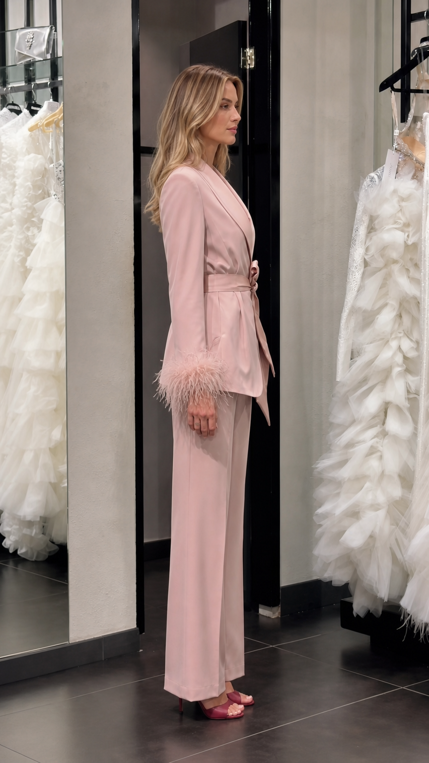 Model wearing pink satin feather cuff pantsuit side profile