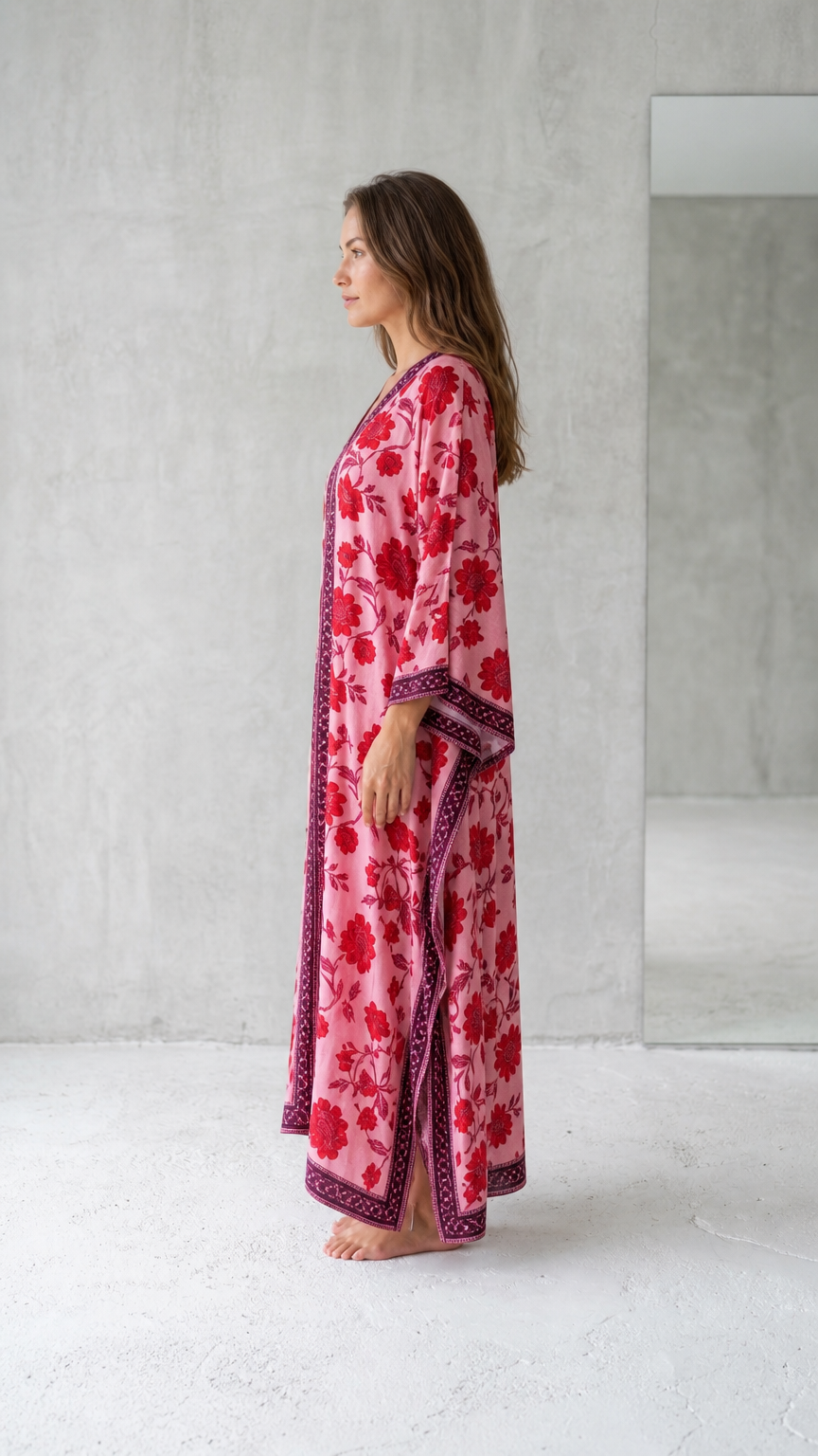 Side profile view of pink floral kaftan dress