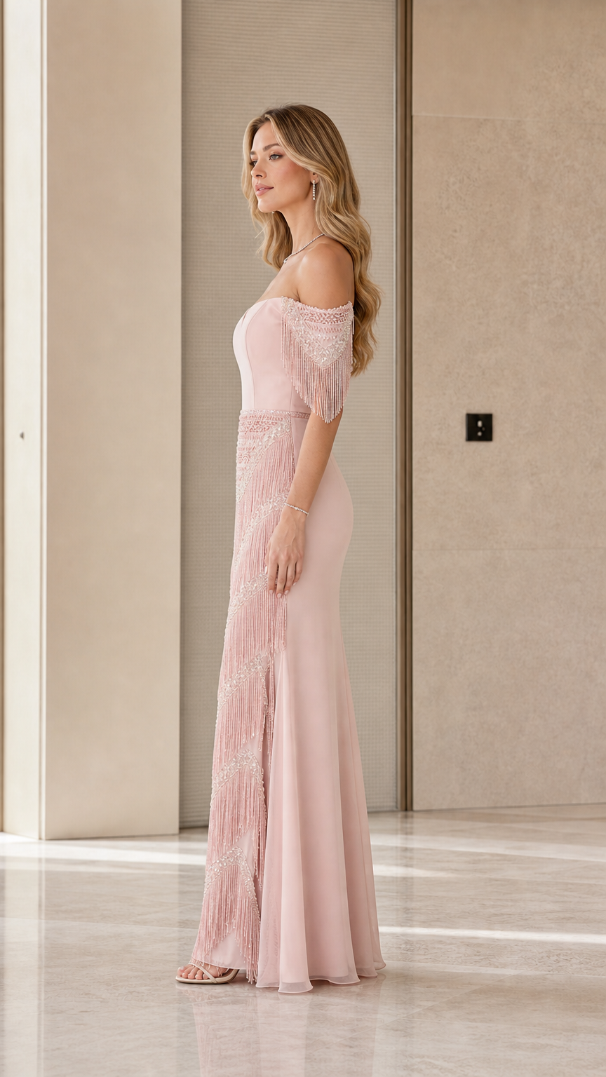 Side profile view of dusty rose evening dress highlighting fringe skirt and sleeve details