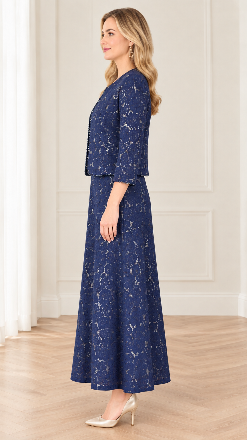 Side profile of navy blue lace evening dress set with 3/4 sleeve jacket
