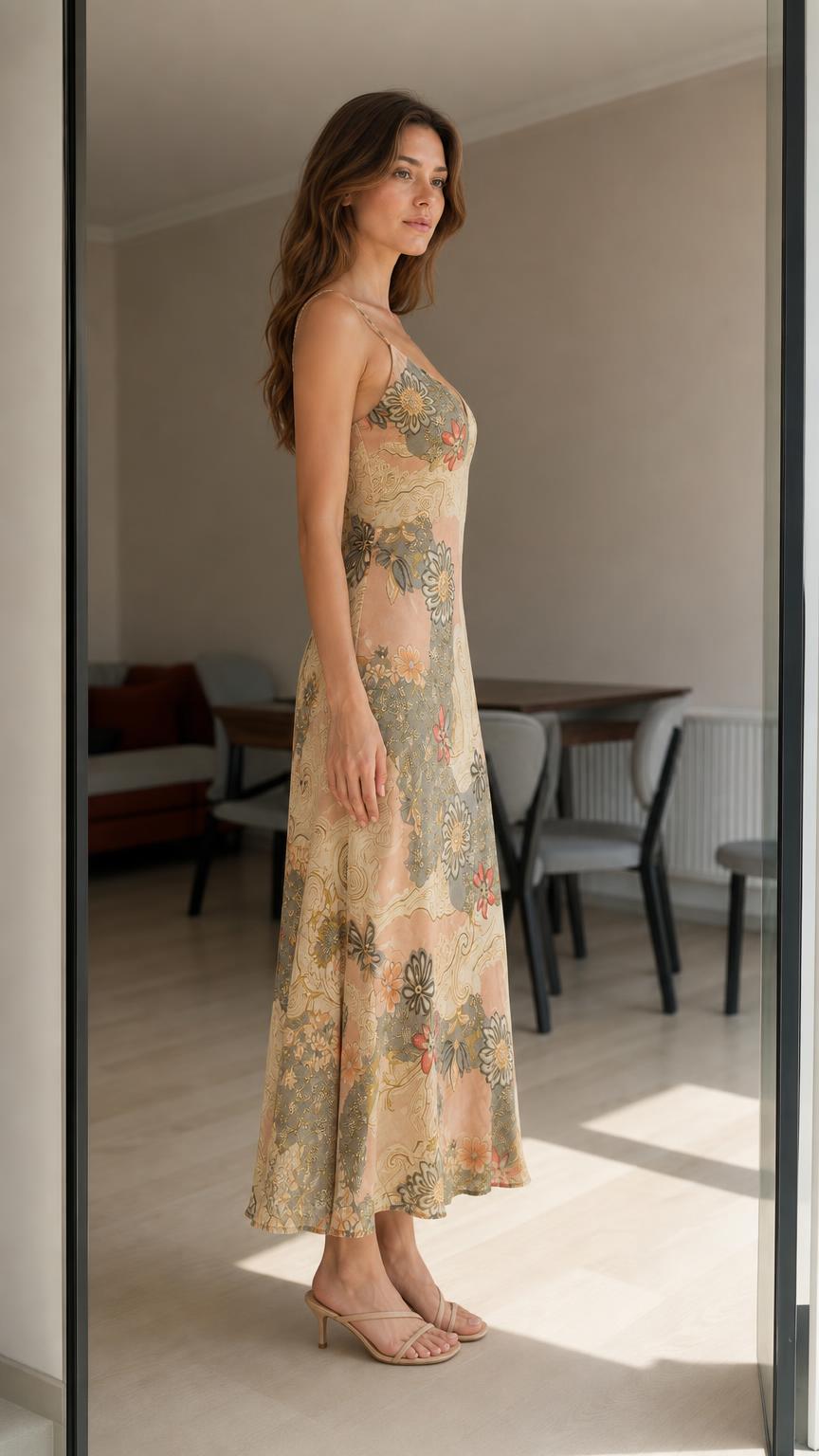 Side view of woman in beige floral slip dress with heels