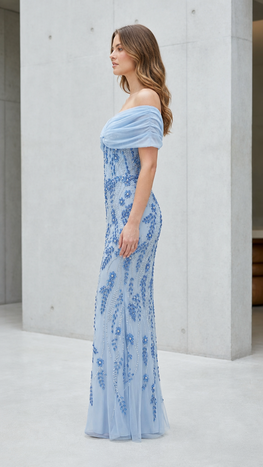 Side view of Light Blue Beaded Evening Gown