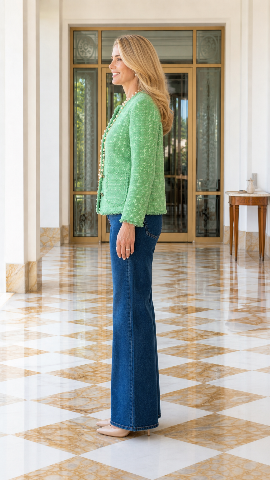 Side profile view of green tweed jacket outfit