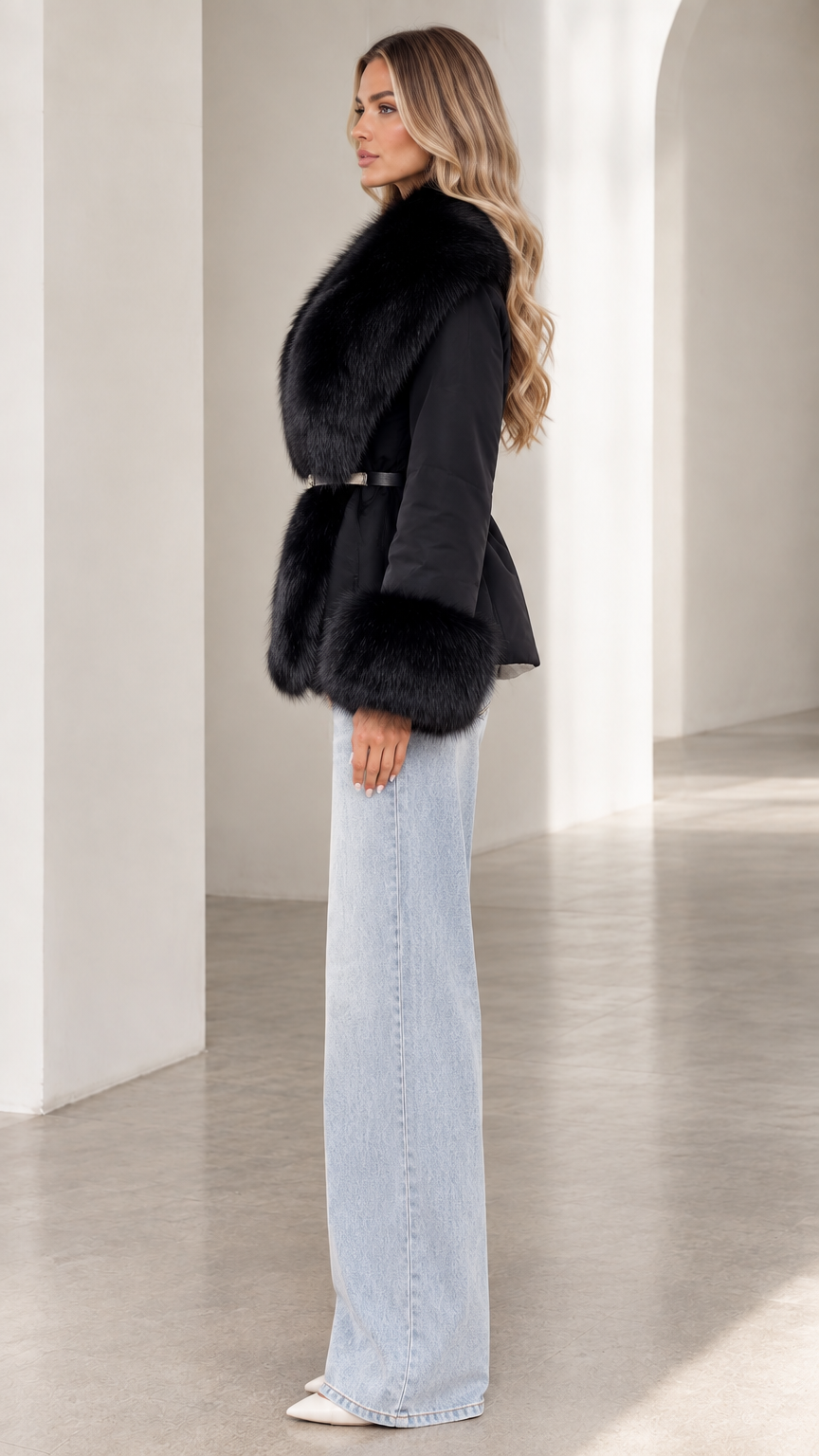 Side profile view of model wearing black faux fur belted coat with wide-leg denim