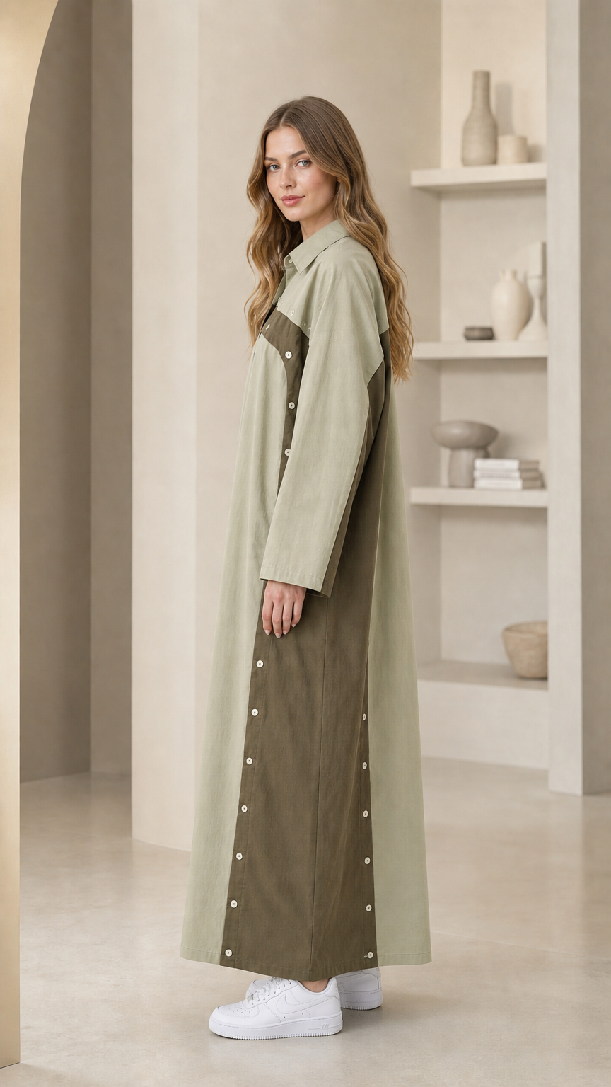Side view of Sage Green modest long sleeve maxi shirt dress