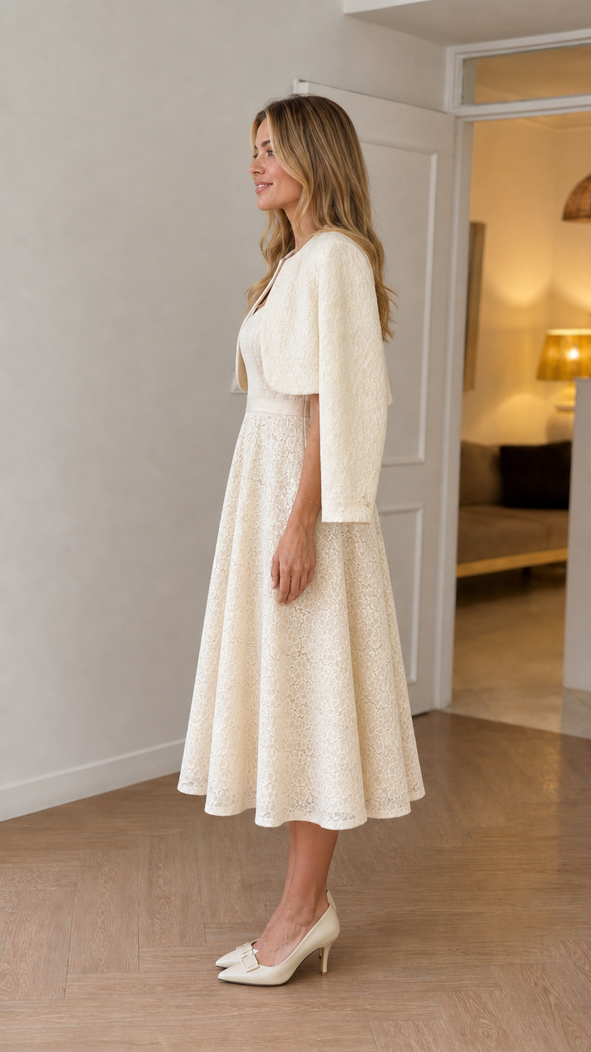 Side profile of Ivory lace midi dress set on model