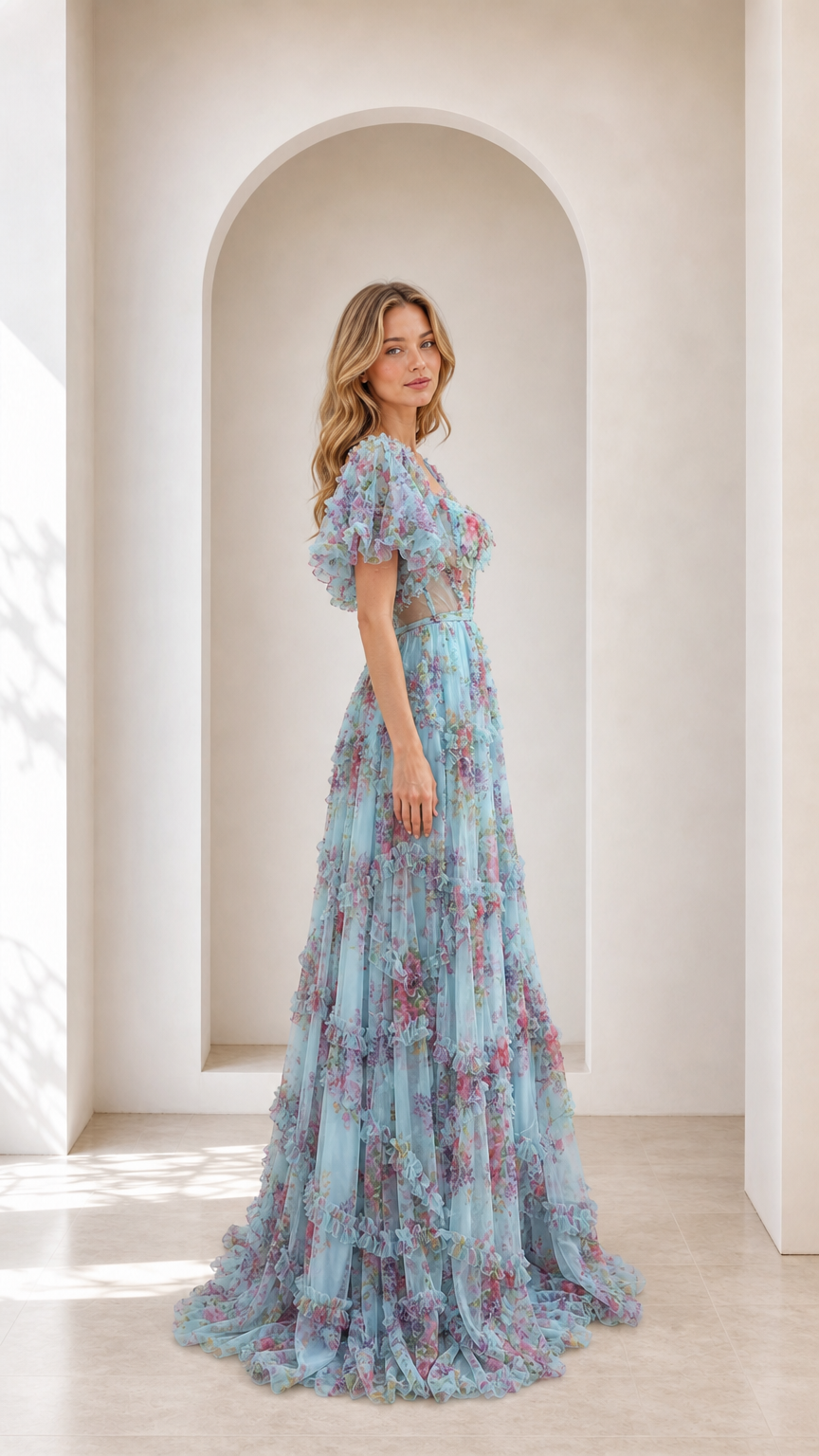 Side profile view of light blue floral tulle ball gown with puff sleeves