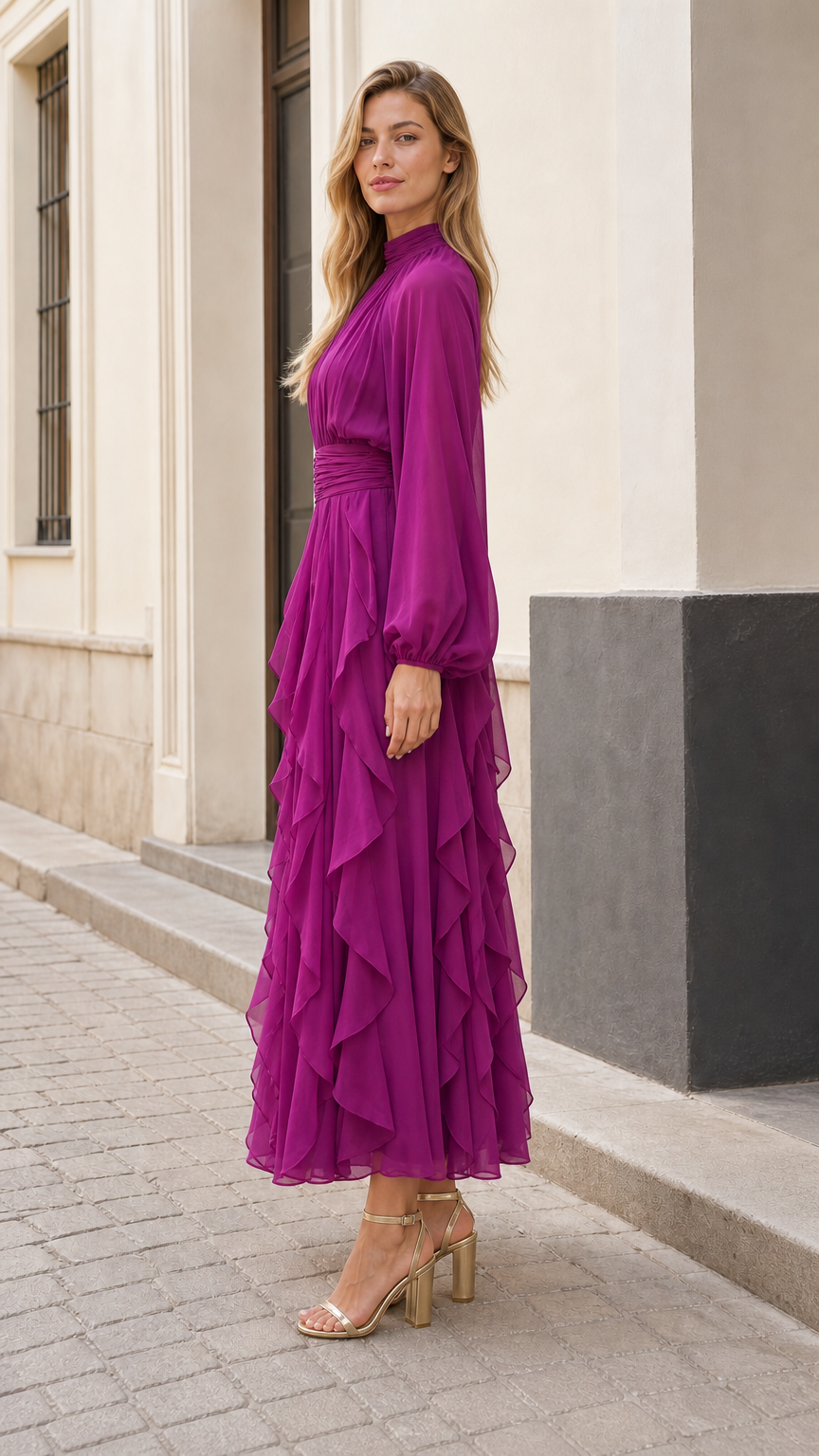 Side angle view of model posing in magenta pleated ruffle maxi dress