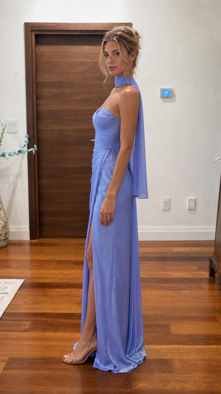 Lavender halter evening maxi dress shown from the side with flowing scarf detail