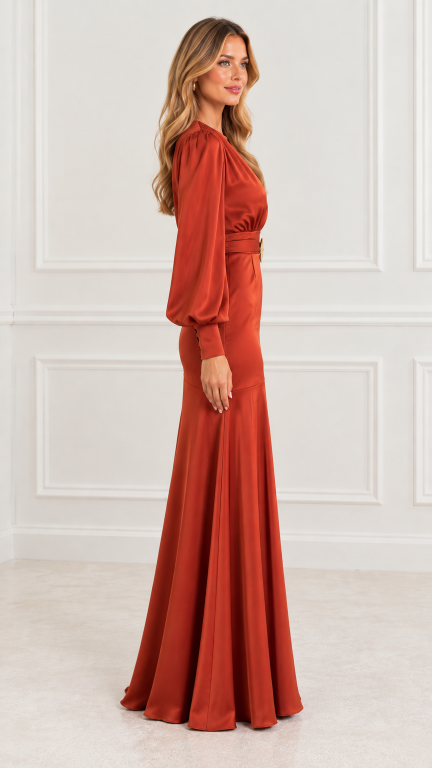 Side profile of model in rust orange satin floor-length evening dress