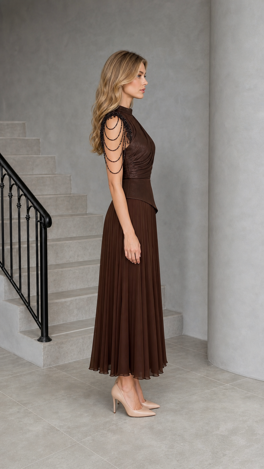 Chocolate Brown Mock Neck Pleated Evening Dress - Side View