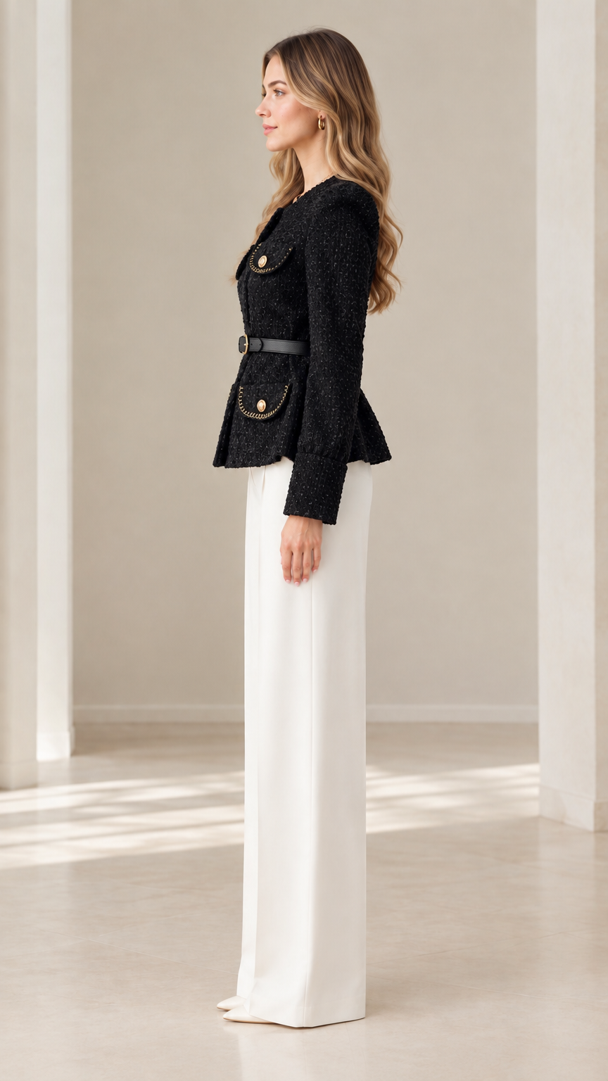 Side profile view of woman wearing black structured tweed jacket with peplum hem