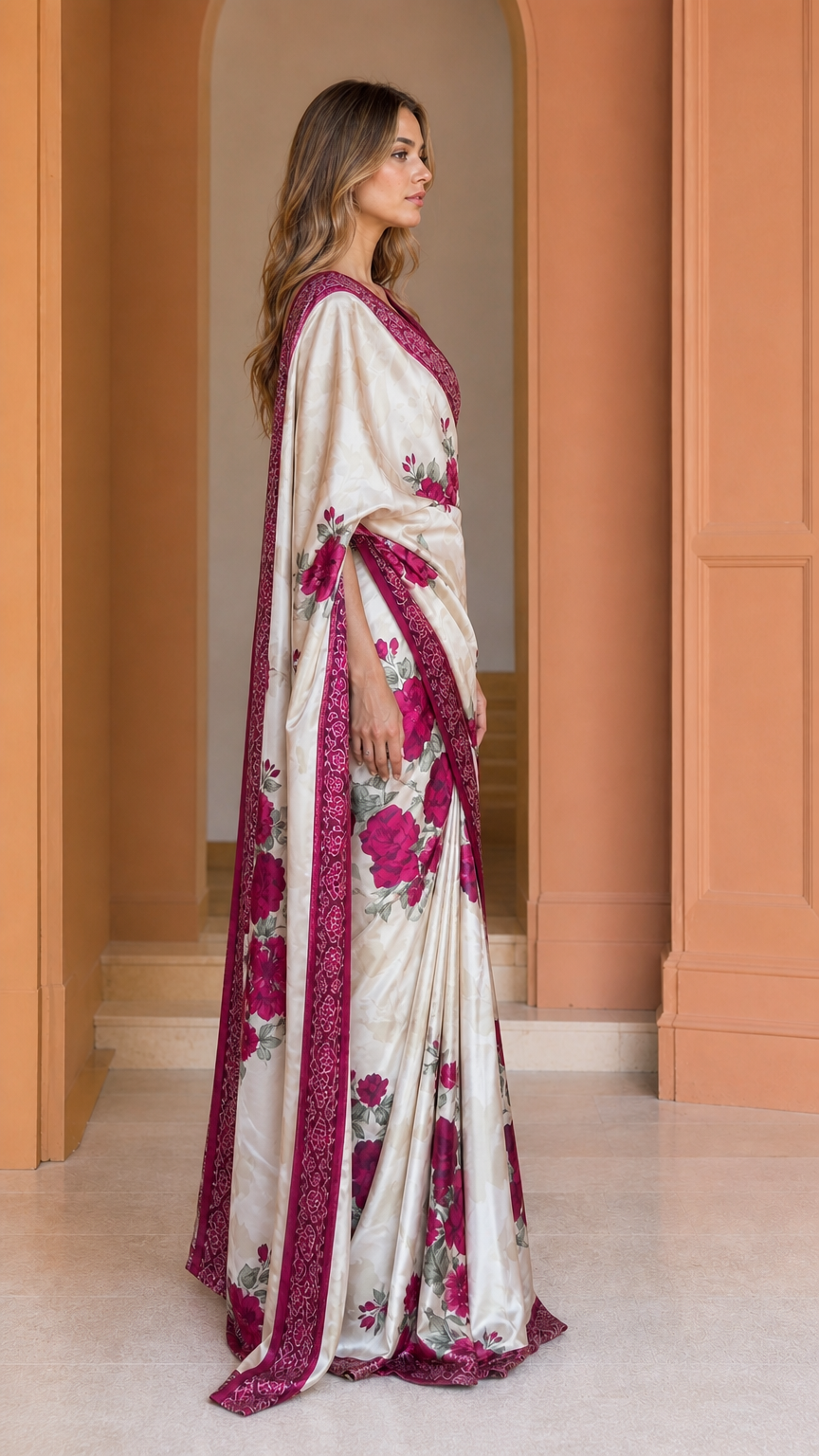 Side drape view of cream satin floral saree