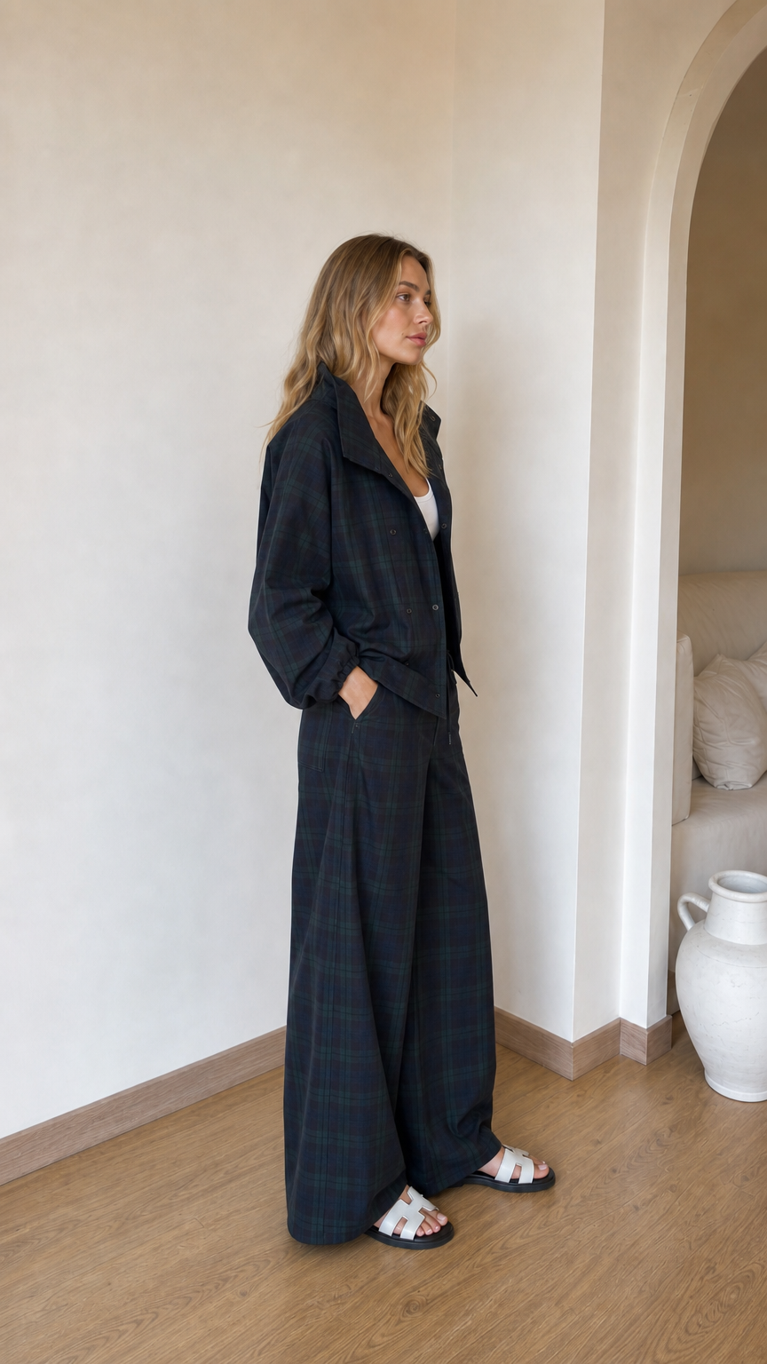Side profile of model wearing dark plaid two-piece jacket and wide-leg set