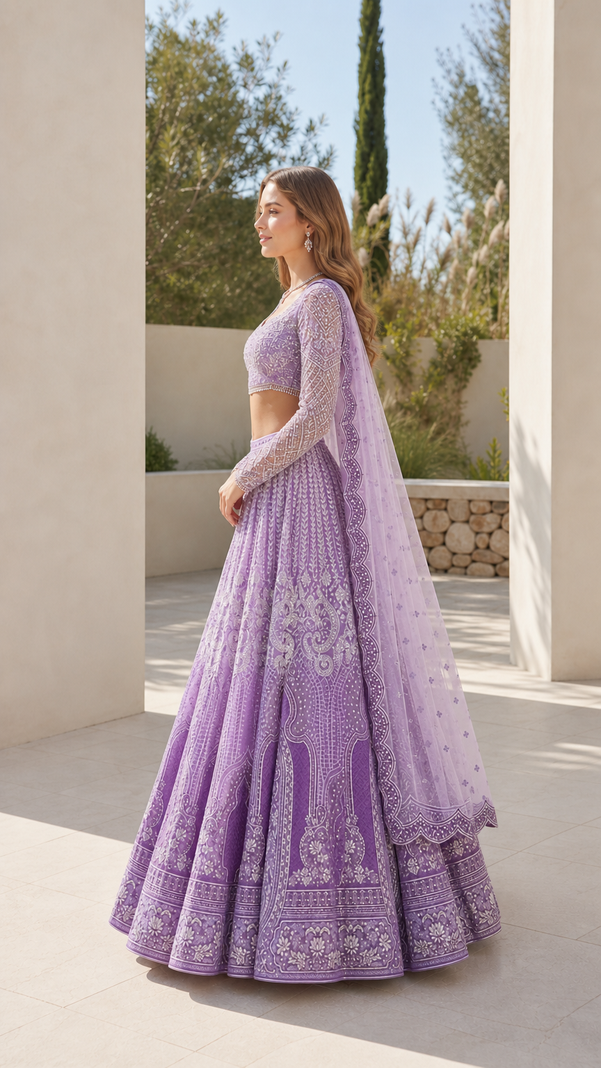 Side profile of lavender embroidered formal lehenga choli outfit