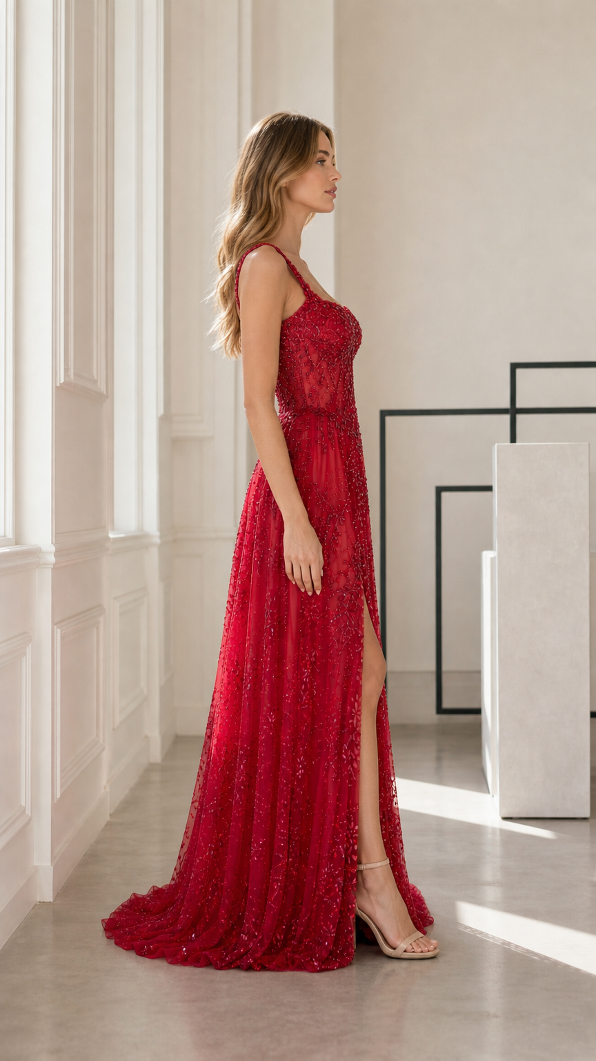 Side view of red beaded evening gown