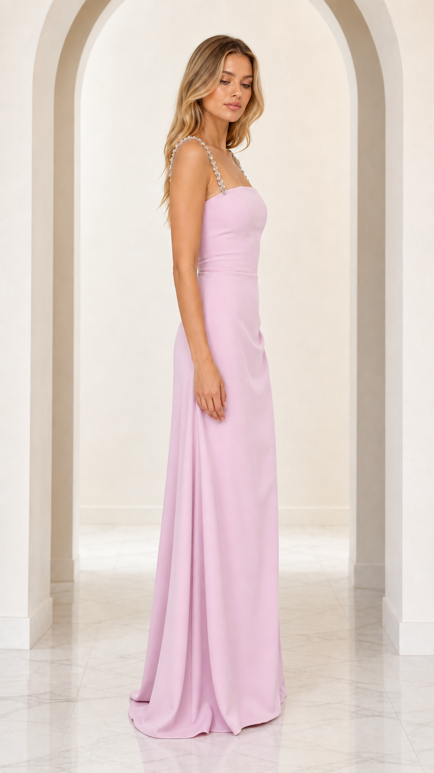 Side profile of lavender formal maxi dress showing subtle drape and fit