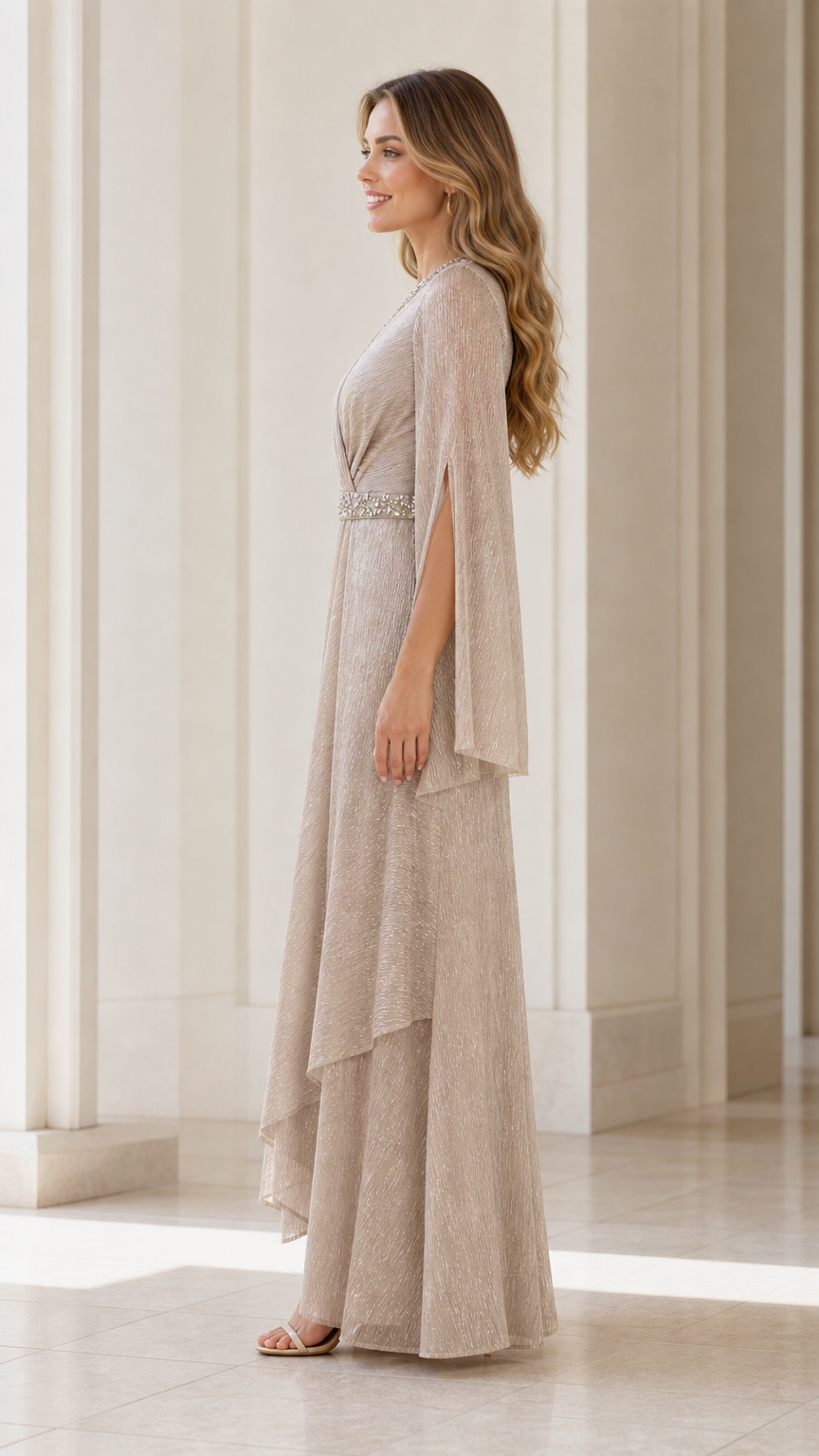 Side view of champagne evening dress with split sleeves