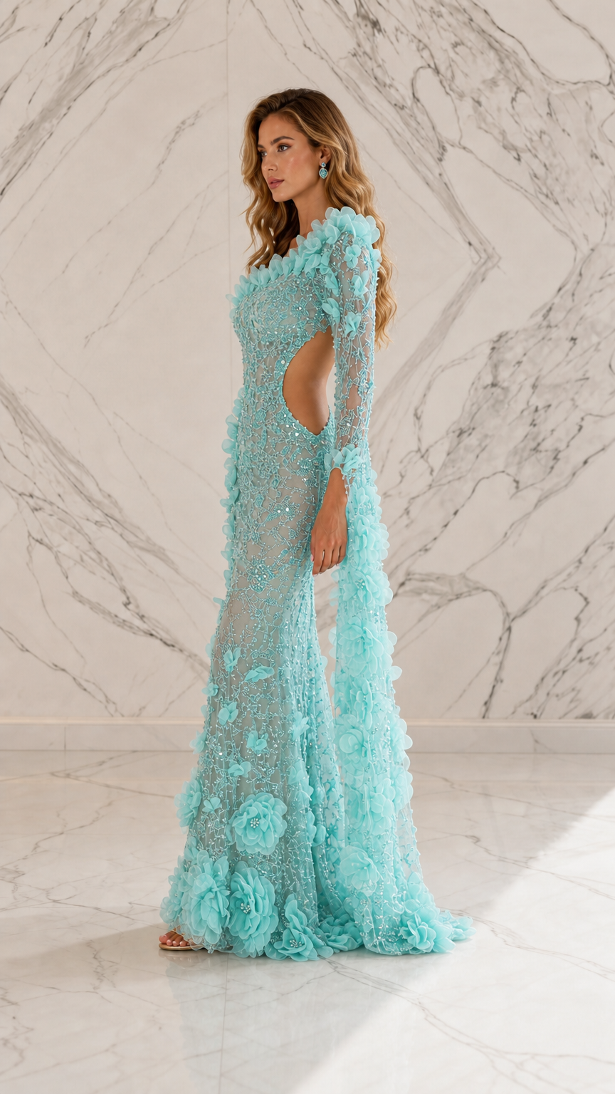 Side profile view of light blue cutout sequin gown