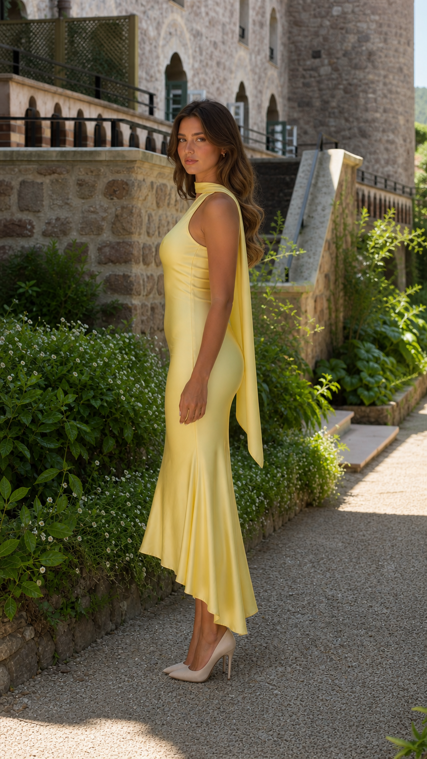 Side profile of a woman in a yellow satin high-low formal dress