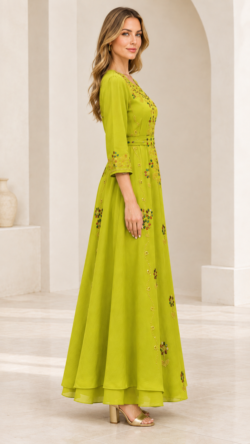 Side full-length view of woman in Lime Green 3/4 sleeve beaded evening gown
