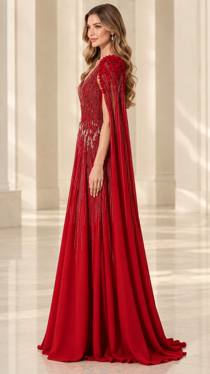 Side profile of red formal cape sleeve gown showing elegant drape and silhouette
