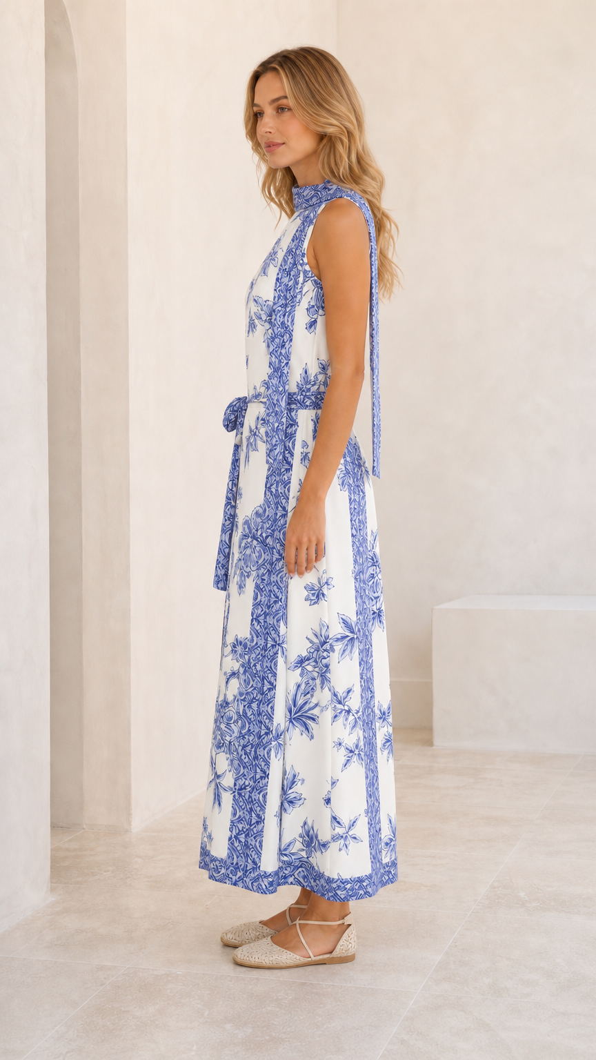 Side profile view of white floral maxi dress with waist tie