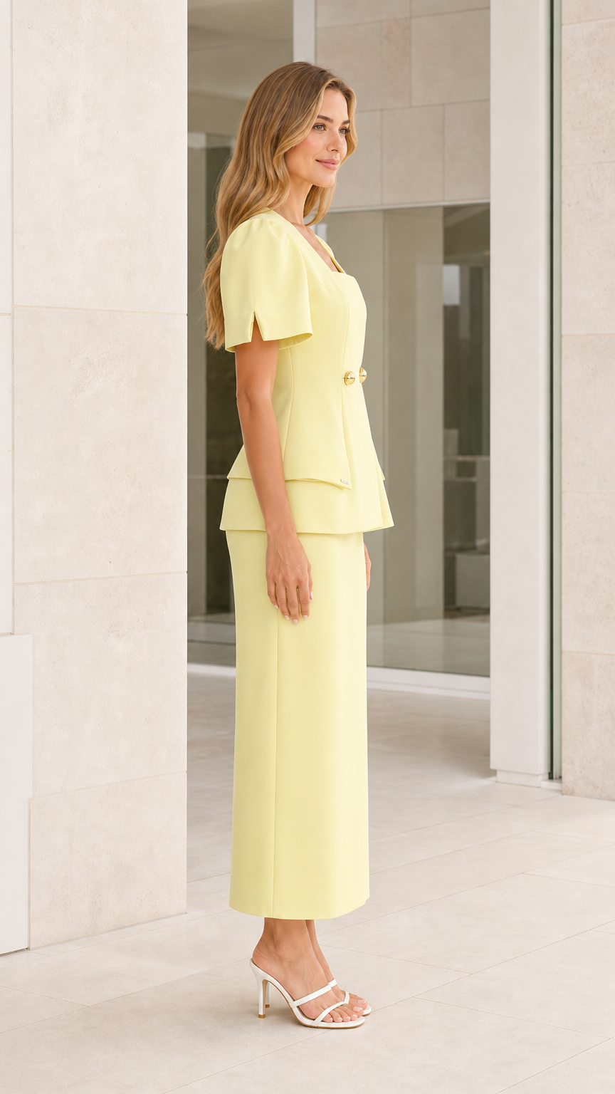 Side profile view of yellow skirt set