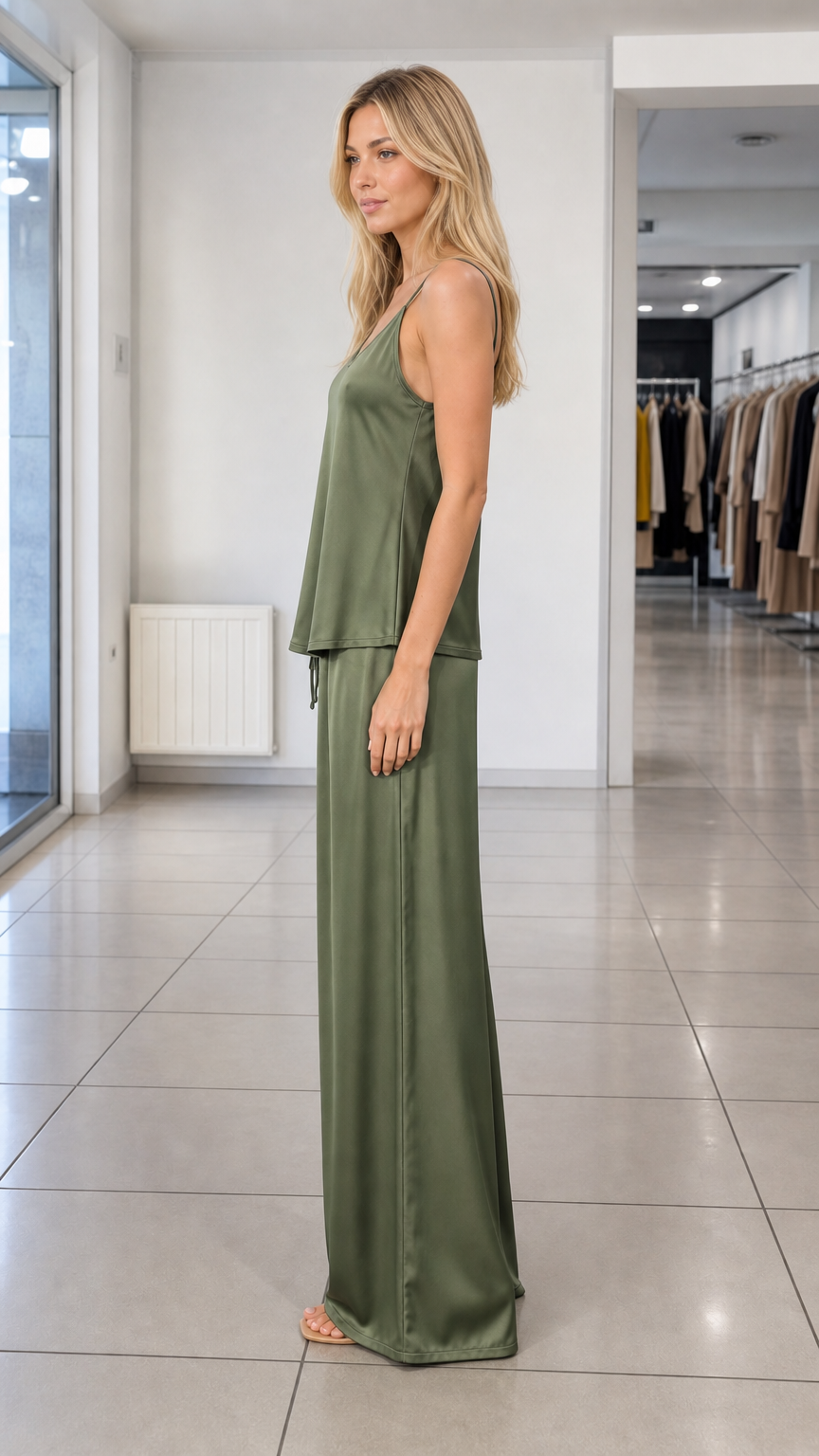 Side profile view of Olive Green satin cami and matching wide-leg pants