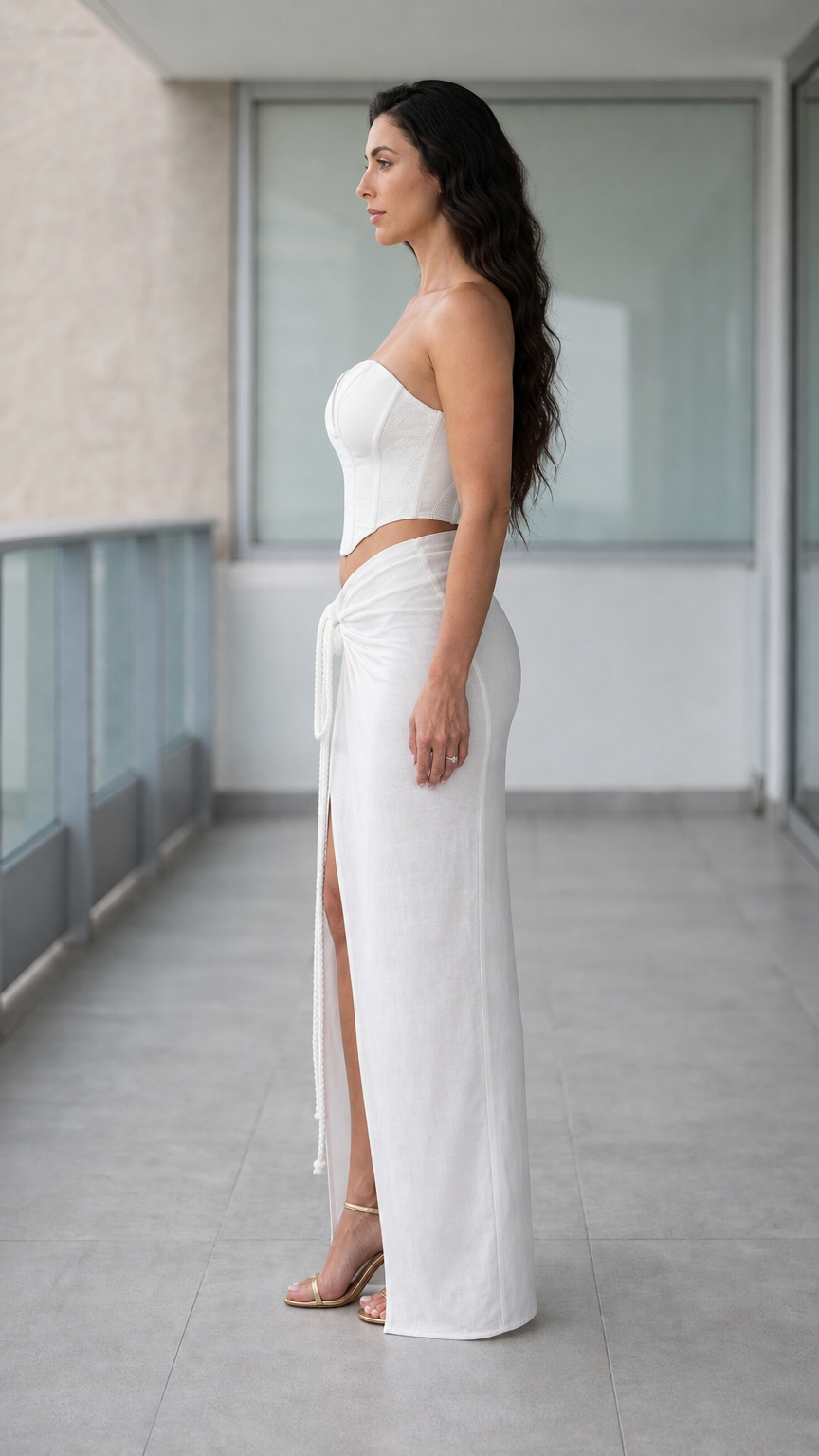 Side profile view of woman wearing white two-piece corset and skirt set