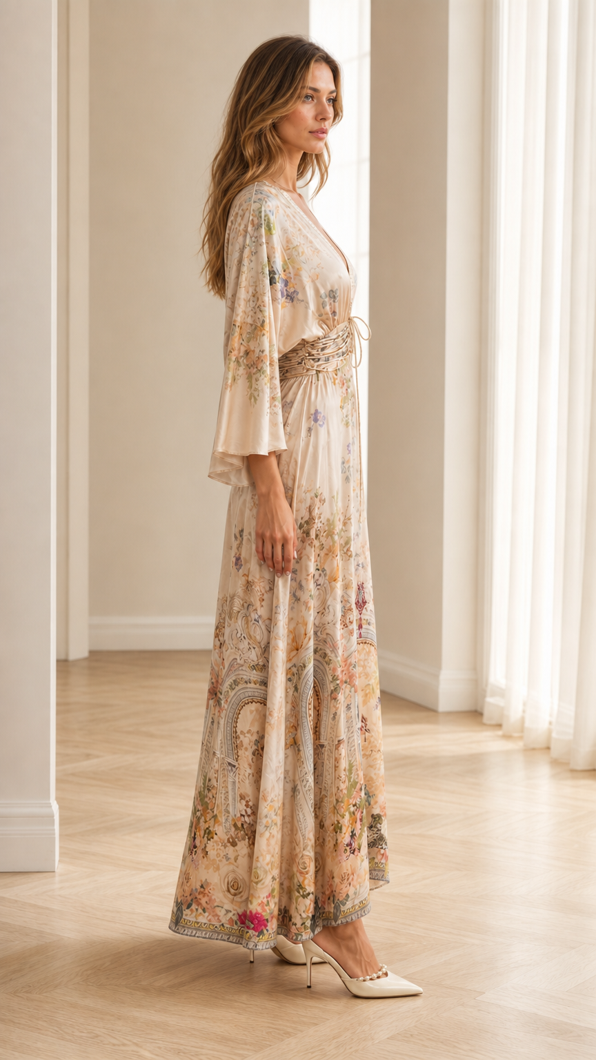Side profile view of champagne floral maxi dress