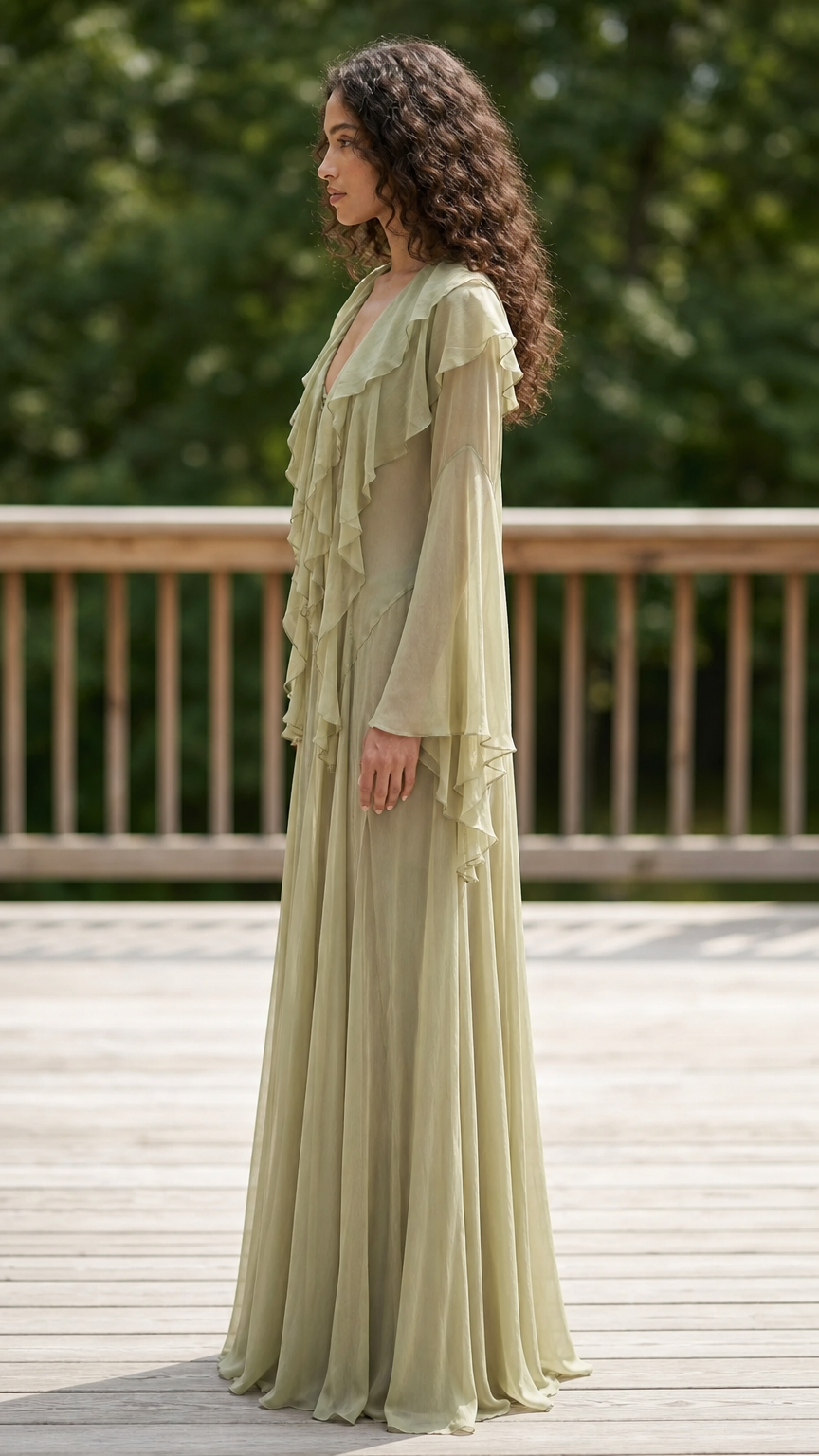 Side profile of model in sage green ruffle maxi dress