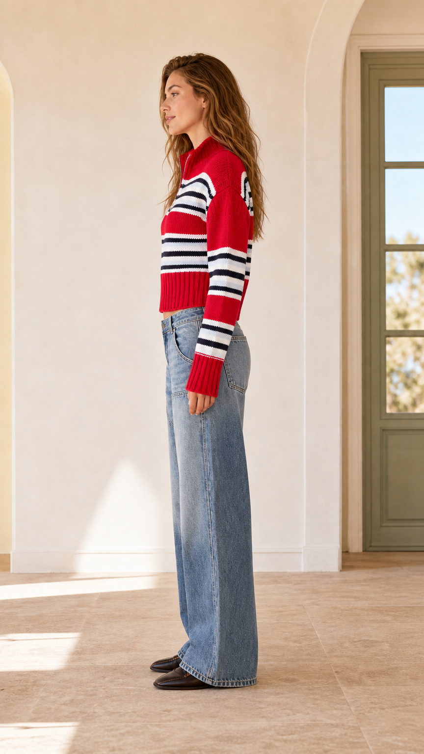 Side view of woman in red striped half-zip cropped knit pullover