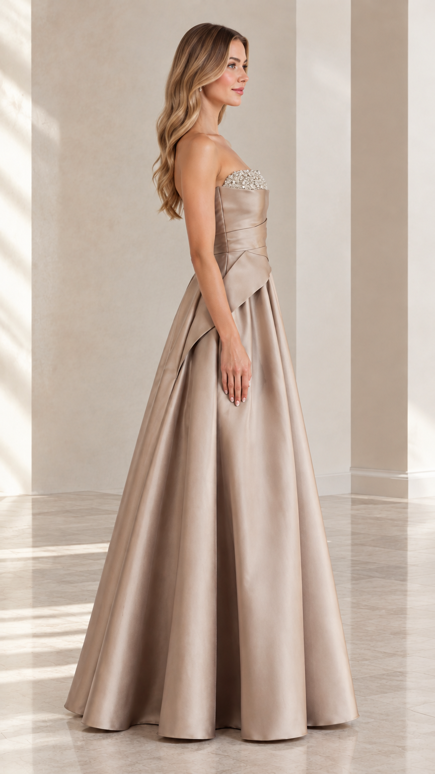 Champagne satin formal dress with draped waist side profile