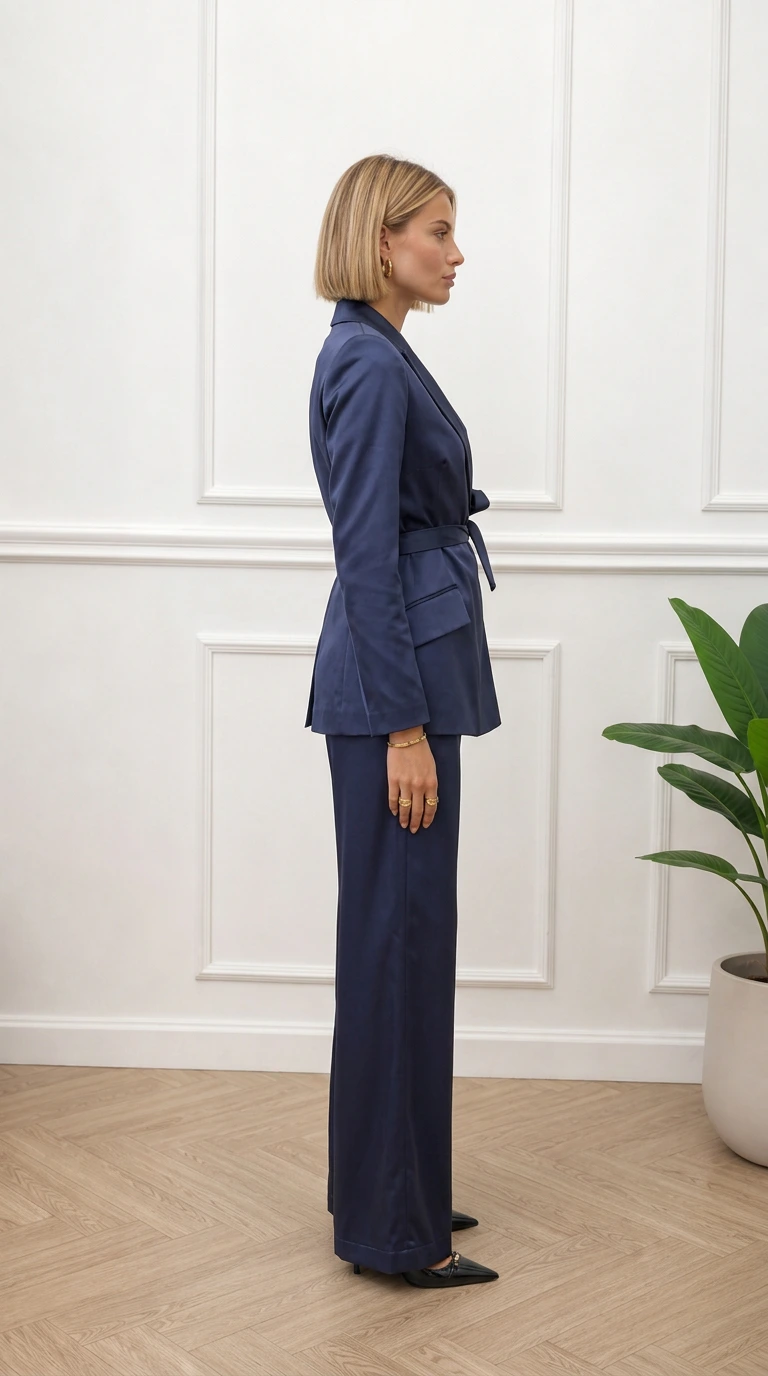 Side profile of woman wearing navy satin suit