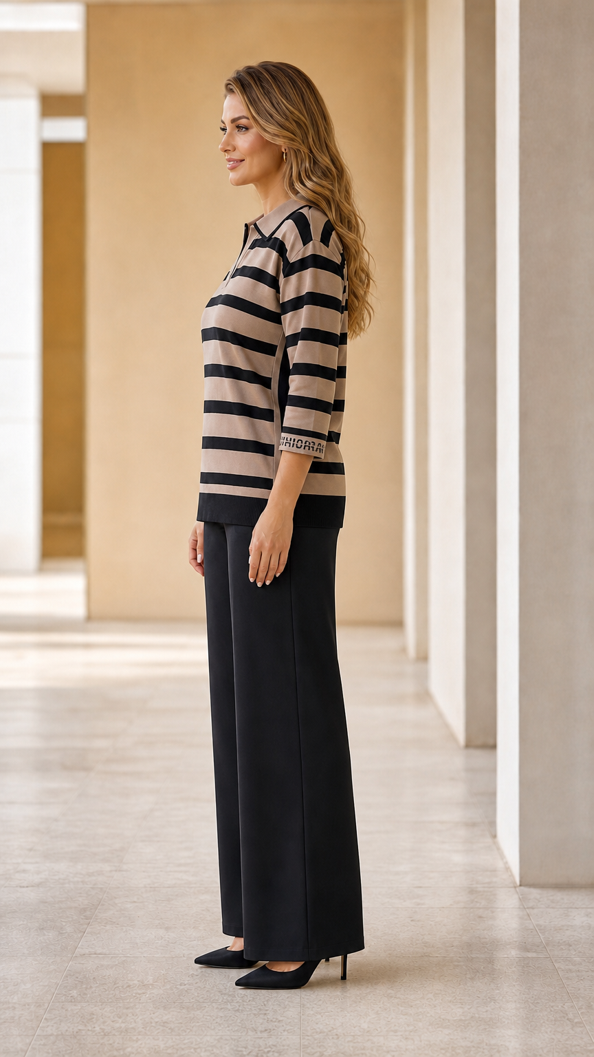Side profile view of woman wearing Camel striped 3/4 sleeve knit polo top