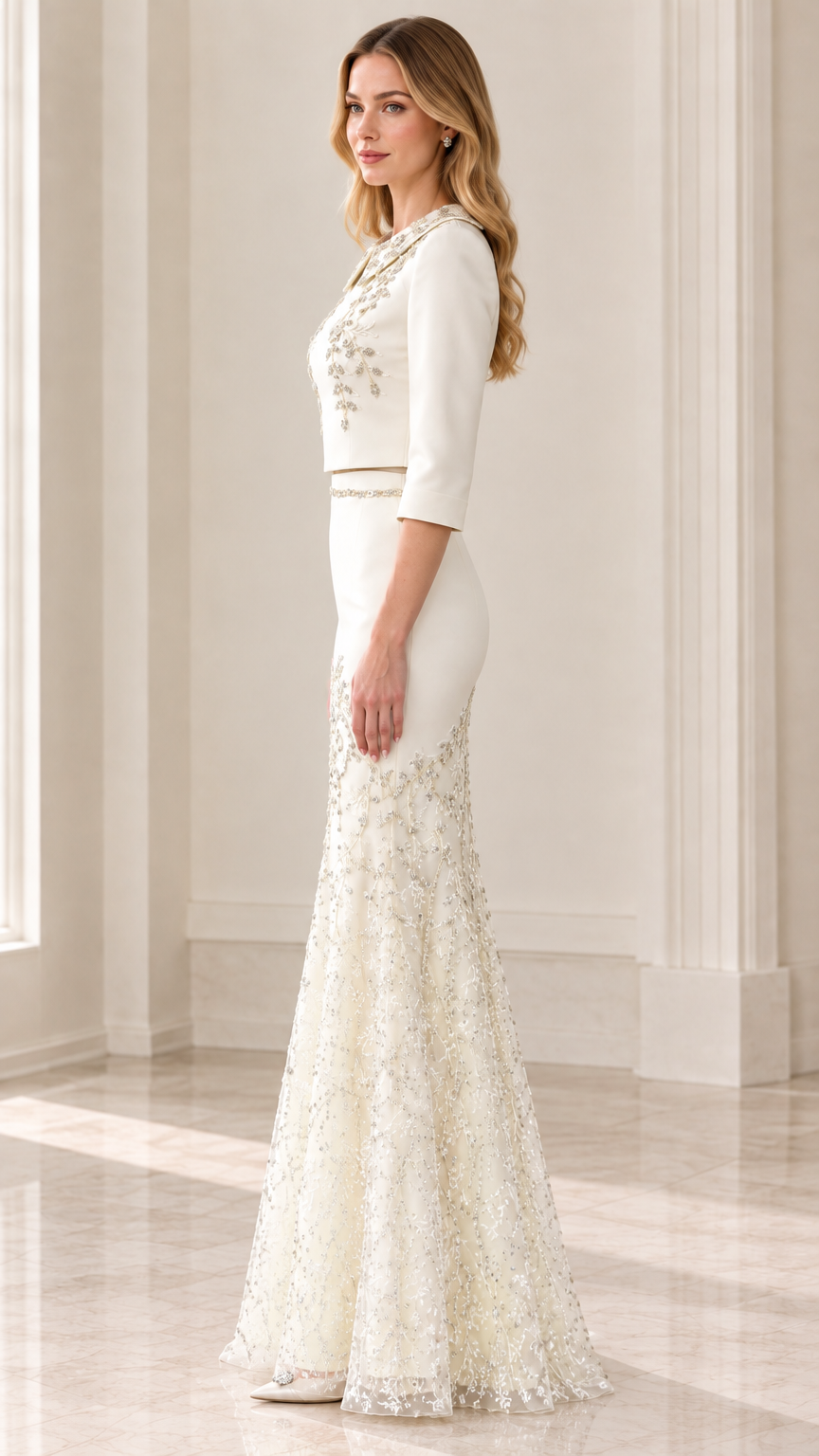 Side profile of model wearing Ivory formal mermaid dress with embroidered flare skirt