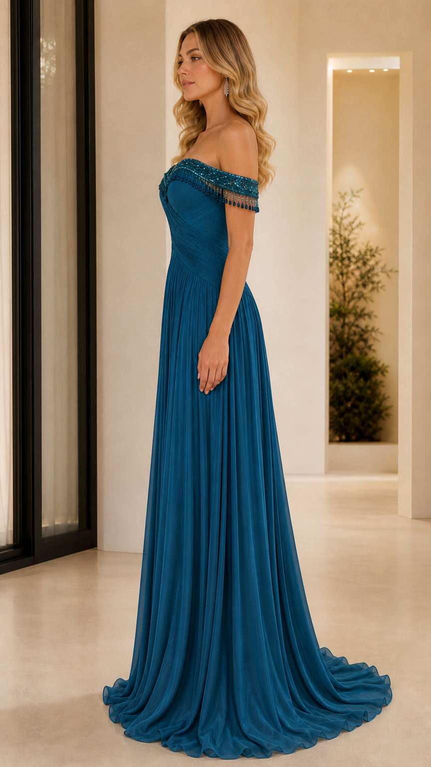 Side profile of woman wearing teal blue off-the-shoulder formal maxi gown