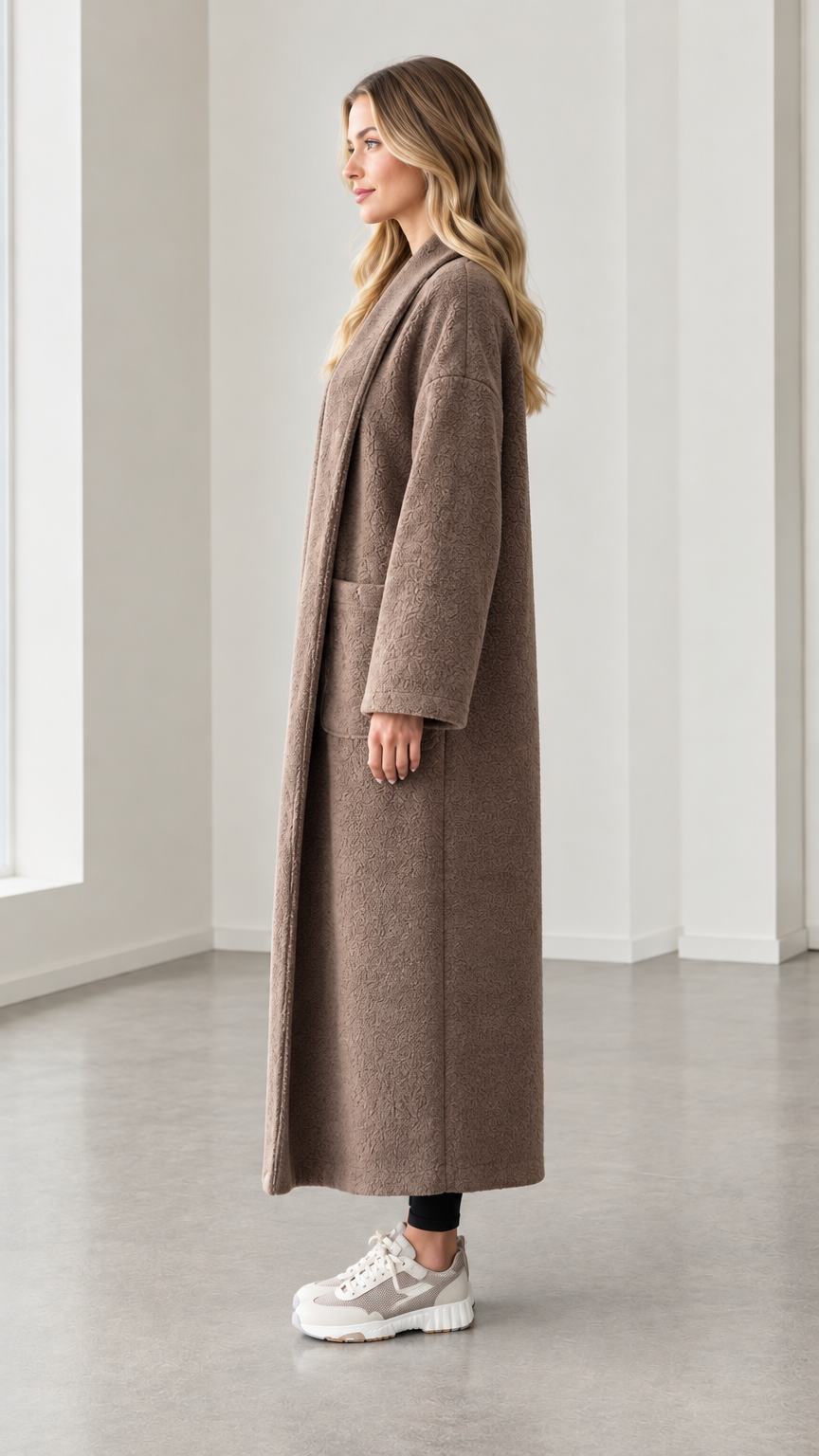 Side profile view of model wearing mocha textured longline open front duster coat