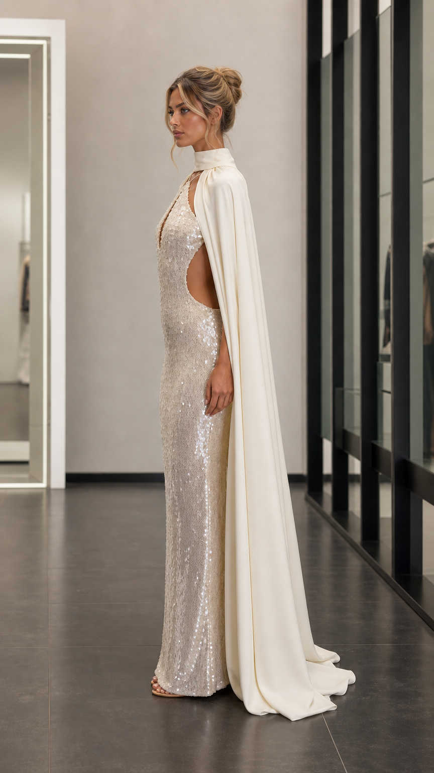 Side profile view of champagne sequin gown and cape