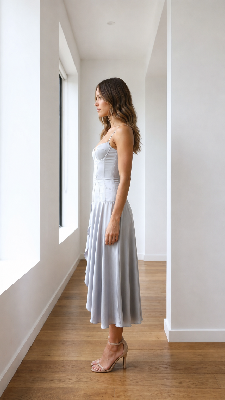 Silver satin-like corset midi dress shown from the side with flowing midi skirt