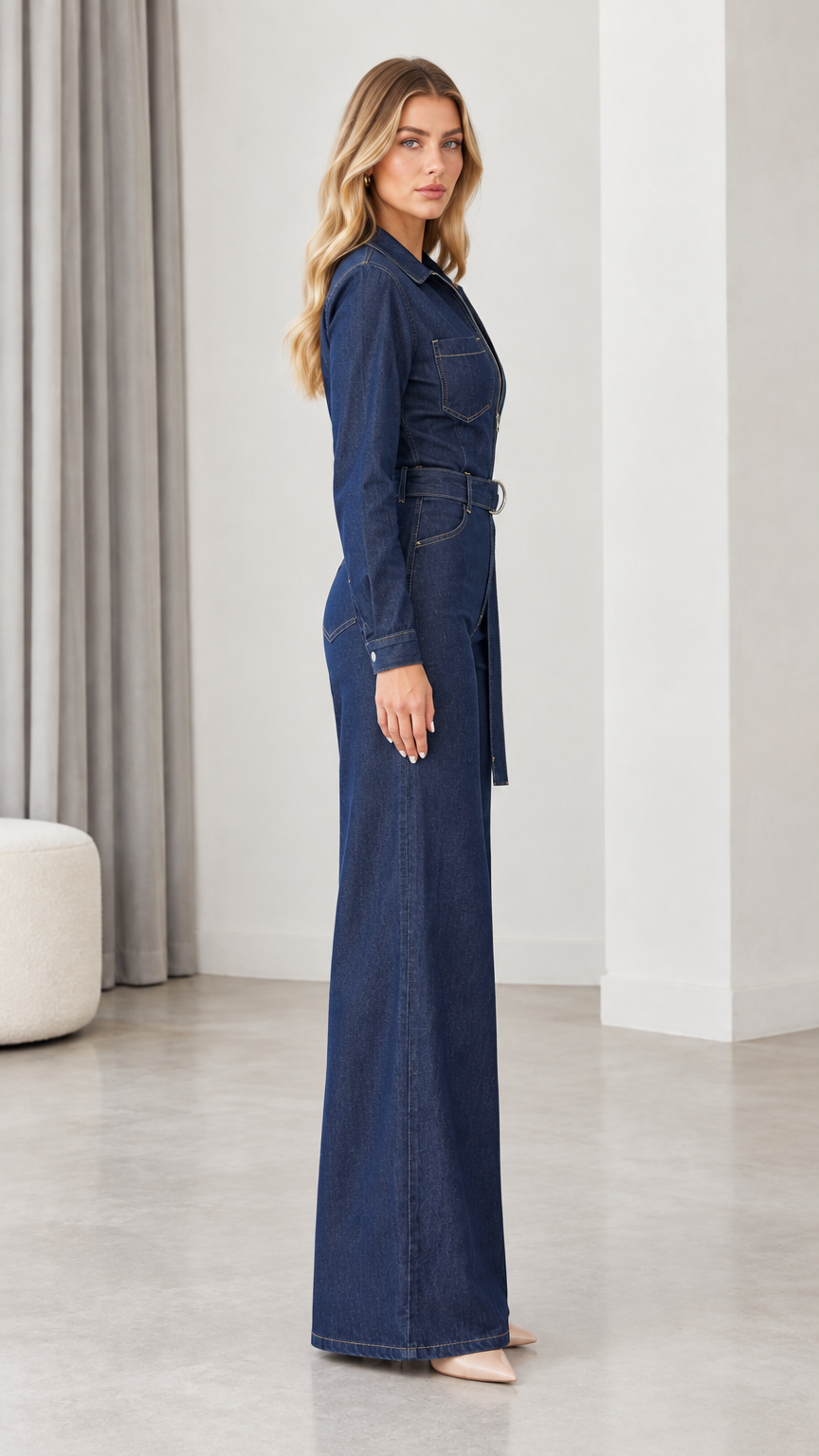 Side profile view of dark blue wide leg denim jumpsuit
