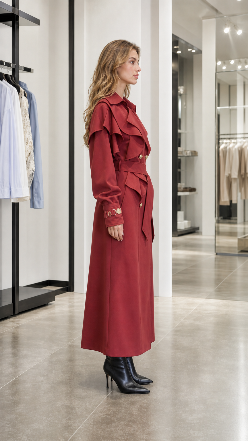 Side profile view of woman in red trench coat