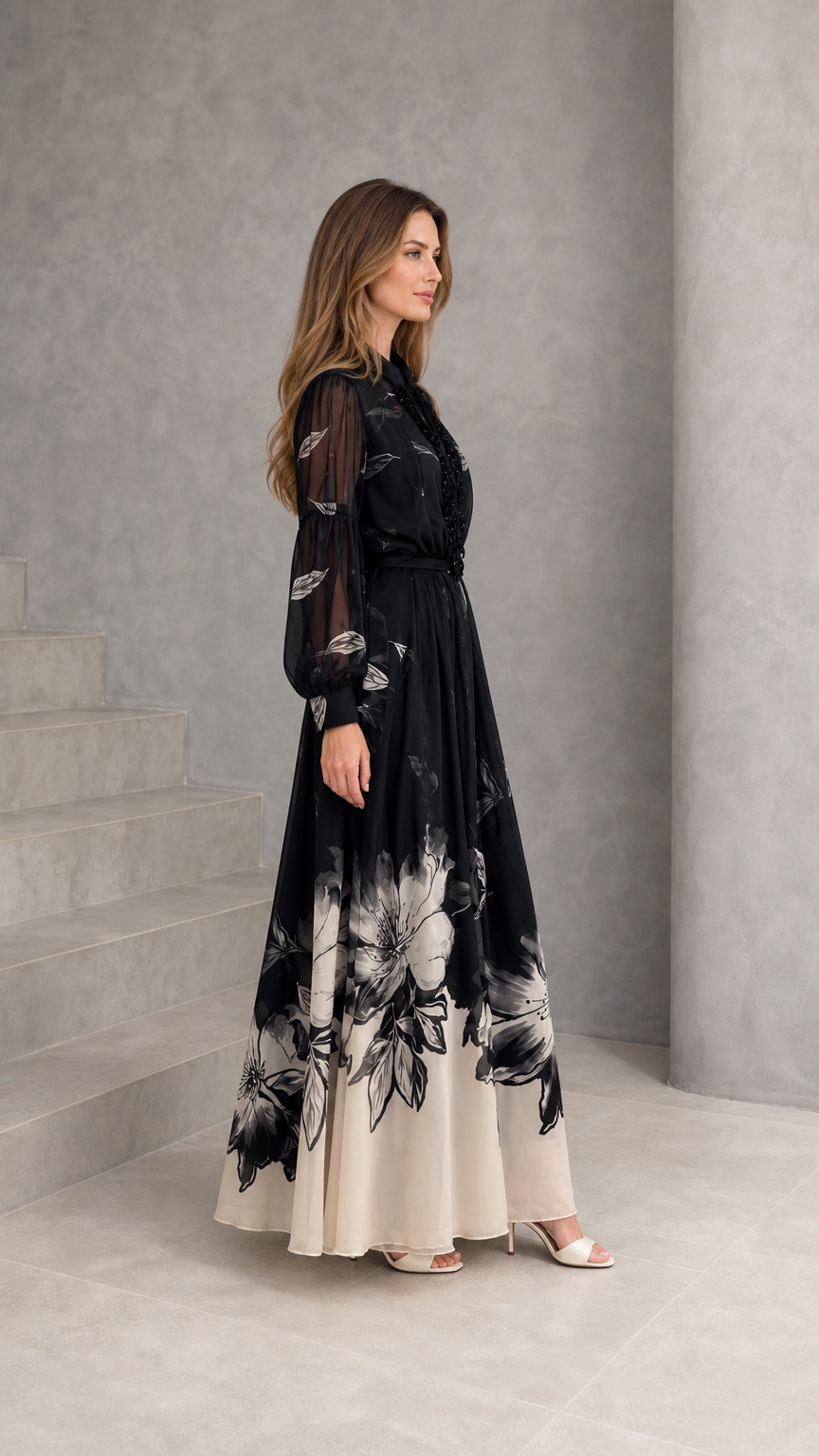 Side profile of woman wearing black floral chiffon evening gown